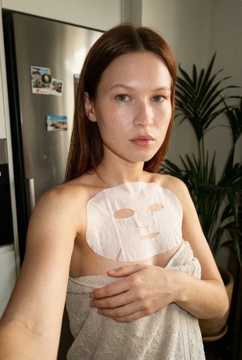 A medium shot captures the person in the uploaded reference image (DO NOT TOUCH FACE). The person's torso is visible from the chest down, with a with a white sheet small mask covering their chest. no tank top. The lighting is soft and warm, with a slightly 24-28mm equivalent lens perspective. The overall tone is intimate and casual
