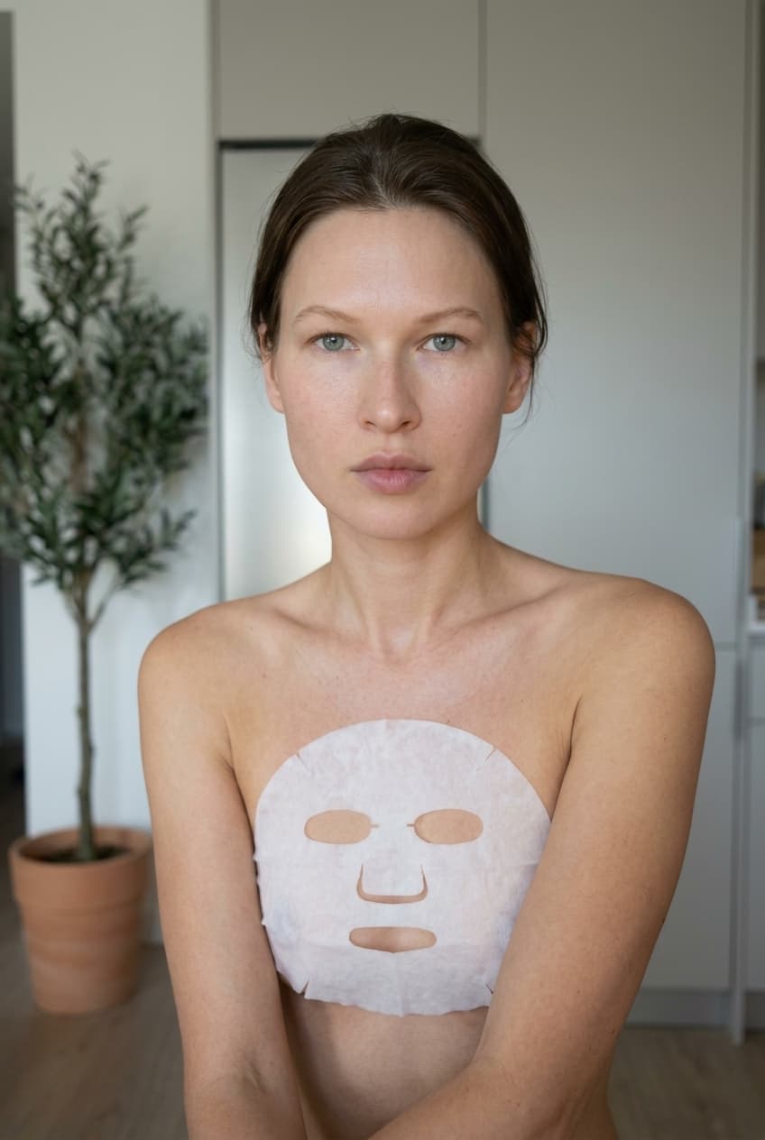 A medium shot captures the person in the uploaded reference image (DO NOT TOUCH FACE). The person's torso is visible from the chest down, with a with a white sheet small mask covering their chest. no tank top. no robe. no towel. The lighting is soft and warm, with a slightly 24-28mm equivalent lens perspective. The overall tone is intimate and casual