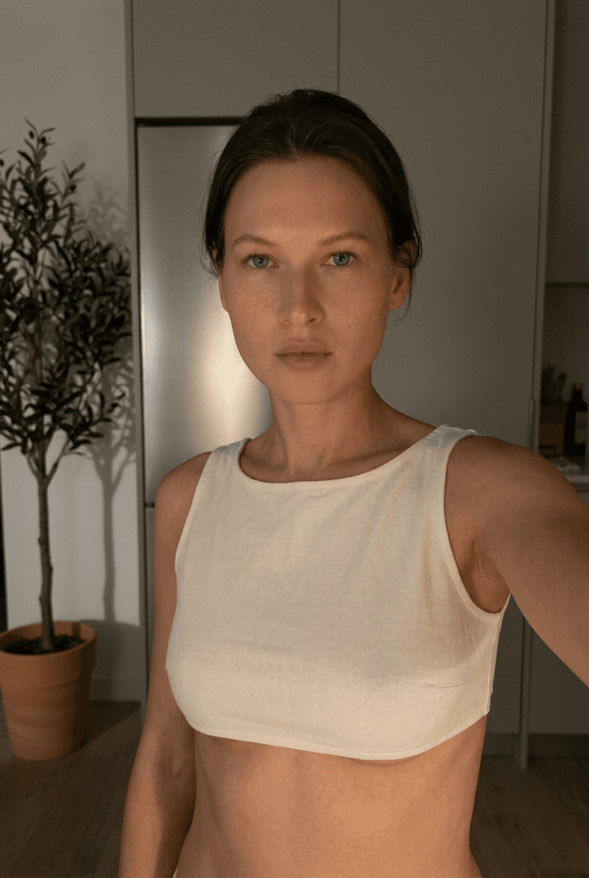 A medium shot captures the person in the uploaded reference image (DO NOT TOUCH FACE). The person's torso is visible from the chest down, with a with a white sheet small mask covering their chest. no tank top. no robe. no towel. The lighting is soft and warm, with a slightly 24-28mm equivalent lens perspective. The overall tone is intimate and casual