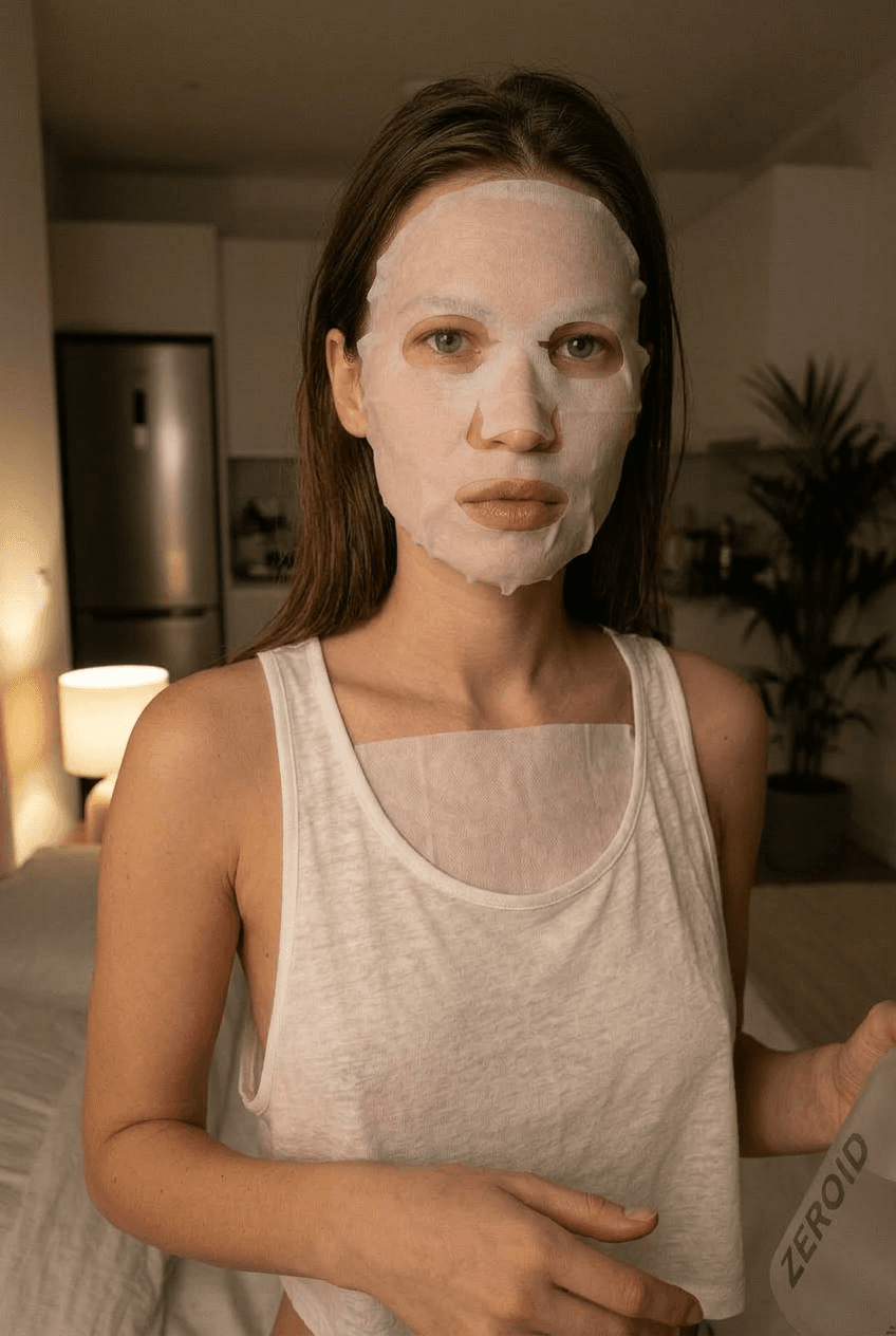 A medium shot captures the person in the uploaded reference image (DO NOT TOUCH FACE). The person's torso is visible from the chest down, with a with a white sheet small mask covering their chest. no tank top. The lighting is soft and warm, with a slightly 24-28mm equivalent lens perspective. The overall tone is intimate and casual