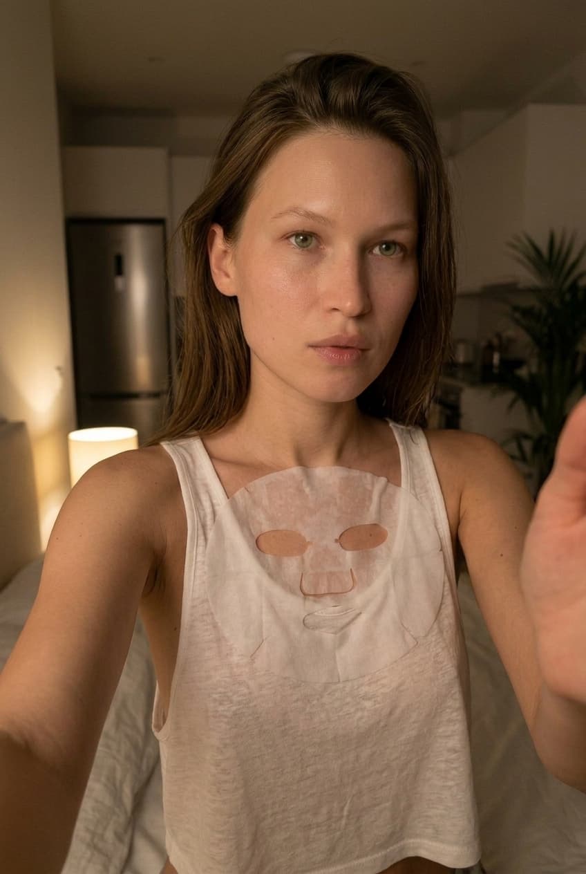 A medium shot captures the person in the uploaded reference image (DO NOT TOUCH FACE). The person's torso is visible from the chest down, with a with a white sheet small mask covering their chest. no tank top. The lighting is soft and warm, with a slightly 24-28mm equivalent lens perspective. The overall tone is intimate and casual