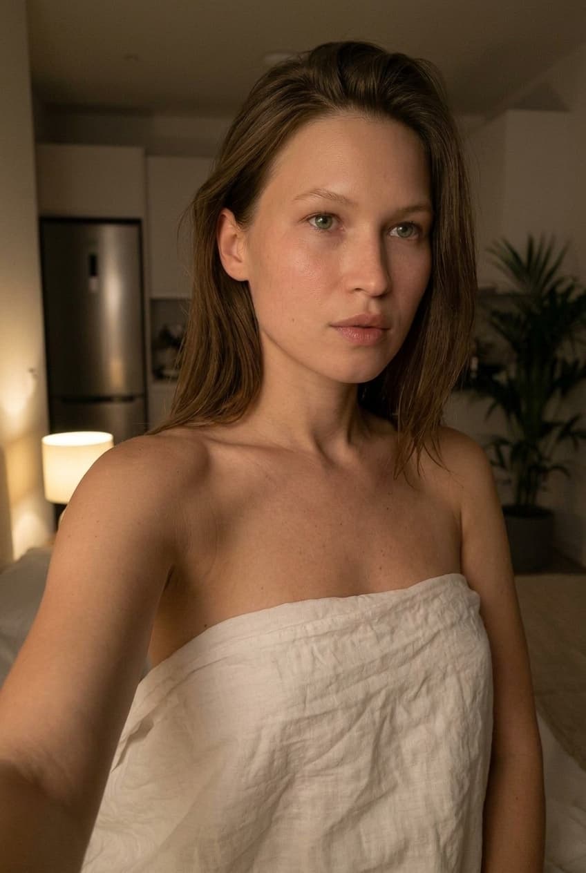 A medium shot captures the person in the uploaded reference image (DO NOT TOUCH FACE). The person's torso is visible from the chest down, with a with a white sheet small mask covering their chest. no tank top. no clothes. The lighting is soft and warm, with a slightly 24-28mm equivalent lens perspective. The overall tone is intimate and casual