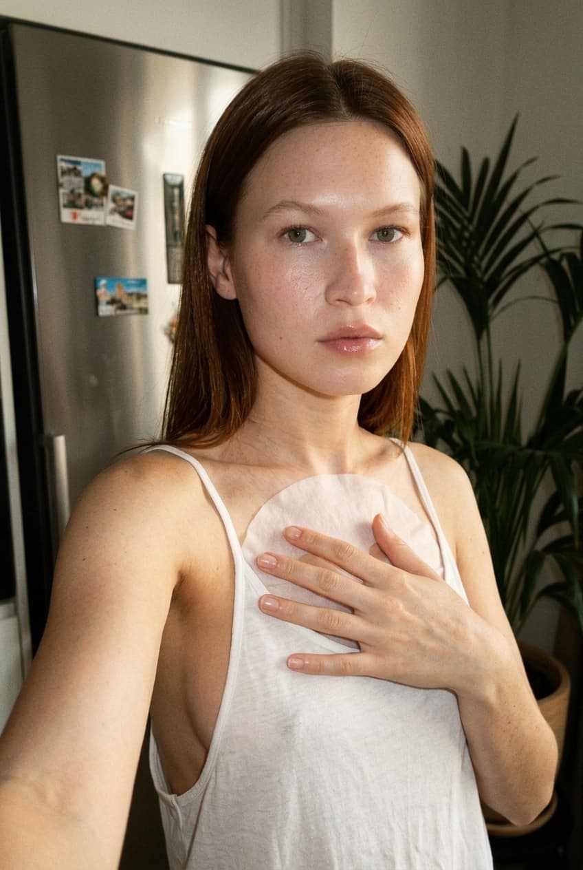 A medium shot captures the person in the uploaded reference image (DO NOT TOUCH FACE). The person's torso is visible from the chest down, with a with a white sheet small mask covering their chest. The right hand is placed on top of the sheet mask. no tank top. no clothes. The lighting is soft and warm, with a slightly 24-28mm equivalent lens perspective. The overall tone is intimate and casual