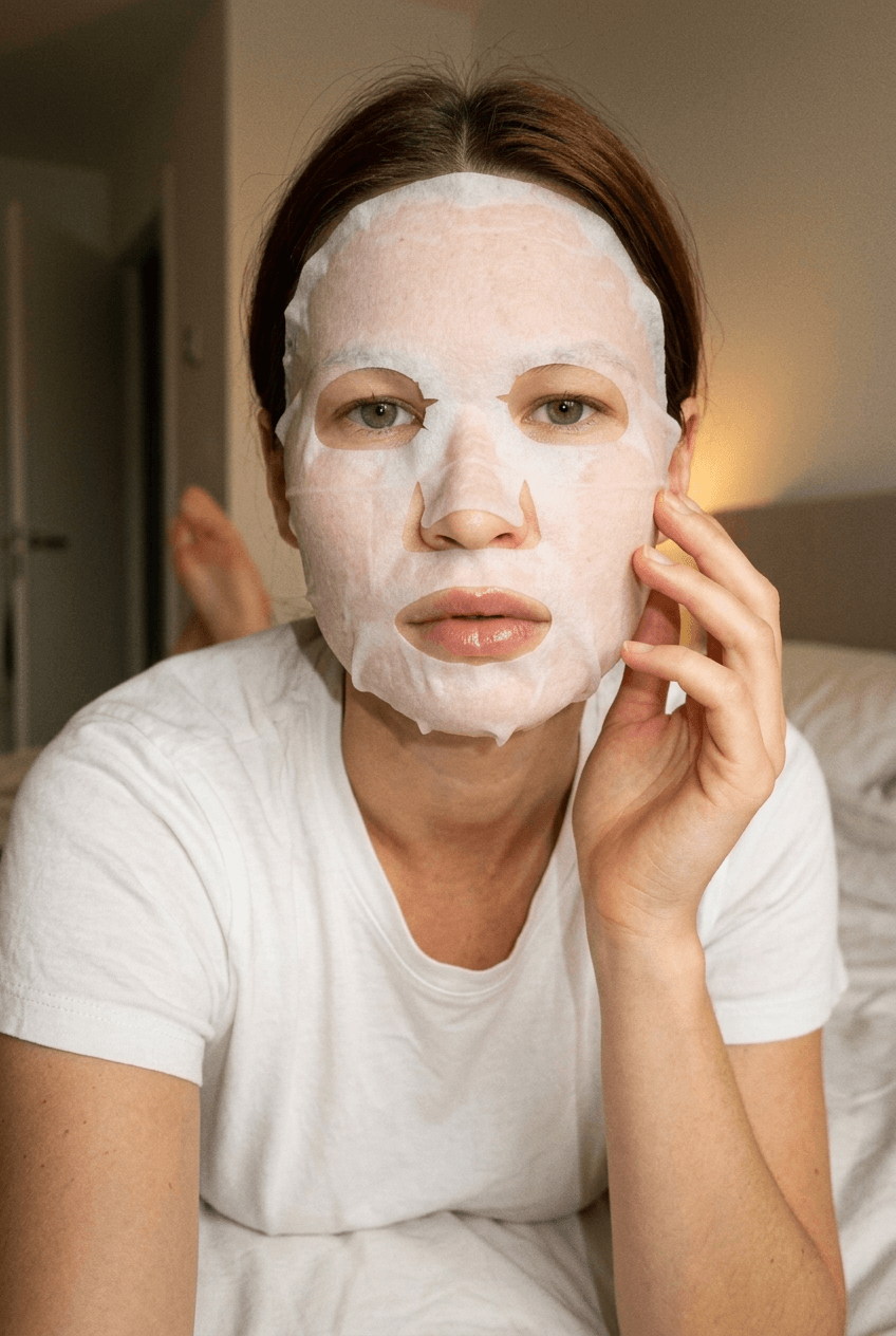 A medium shot captures the person in the uploaded reference image (DO NOT TOUCH FACE). The person's torso is visible from the chest down, with a with a white sheet small mask covering their chest. The right hand is placed on top of the sheet mask. no tank top. no clothes. The lighting is soft and warm, with a slightly 24-28mm equivalent lens perspective. The overall tone is intimate and casual