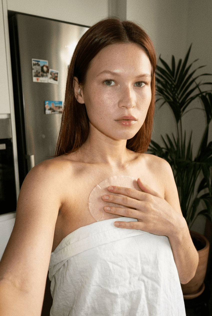 A medium shot captures the person in the uploaded reference image (DO NOT TOUCH FACE). The person's torso is visible from the chest down, with a with a white sheet small mask covering their chest. The right hand is placed on top of the sheet mask. no tank top. no clothes. The lighting is soft and warm, with a slightly 24-28mm equivalent lens perspective. The overall tone is intimate and casual