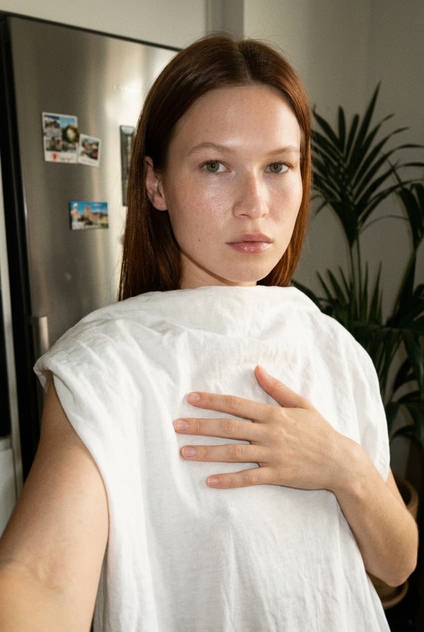 A medium shot captures the person in the uploaded reference image (DO NOT TOUCH FACE). The person's torso is visible from the chest down, with a with a white sheet small mask covering their chest. The right hand is placed on top of the sheet mask. no tank top. no clothes. The lighting is soft and warm, with a slightly 24-28mm equivalent lens perspective. The overall tone is intimate and casual