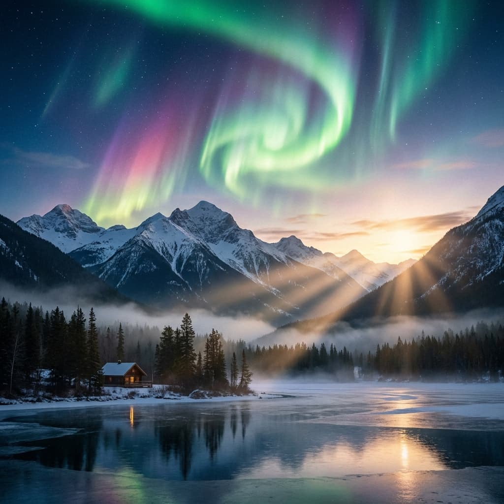 A magical aurora over snow-capped mountains at twilight, cinematic 4K, volumetric lighting, ultra-detailed landscape photography