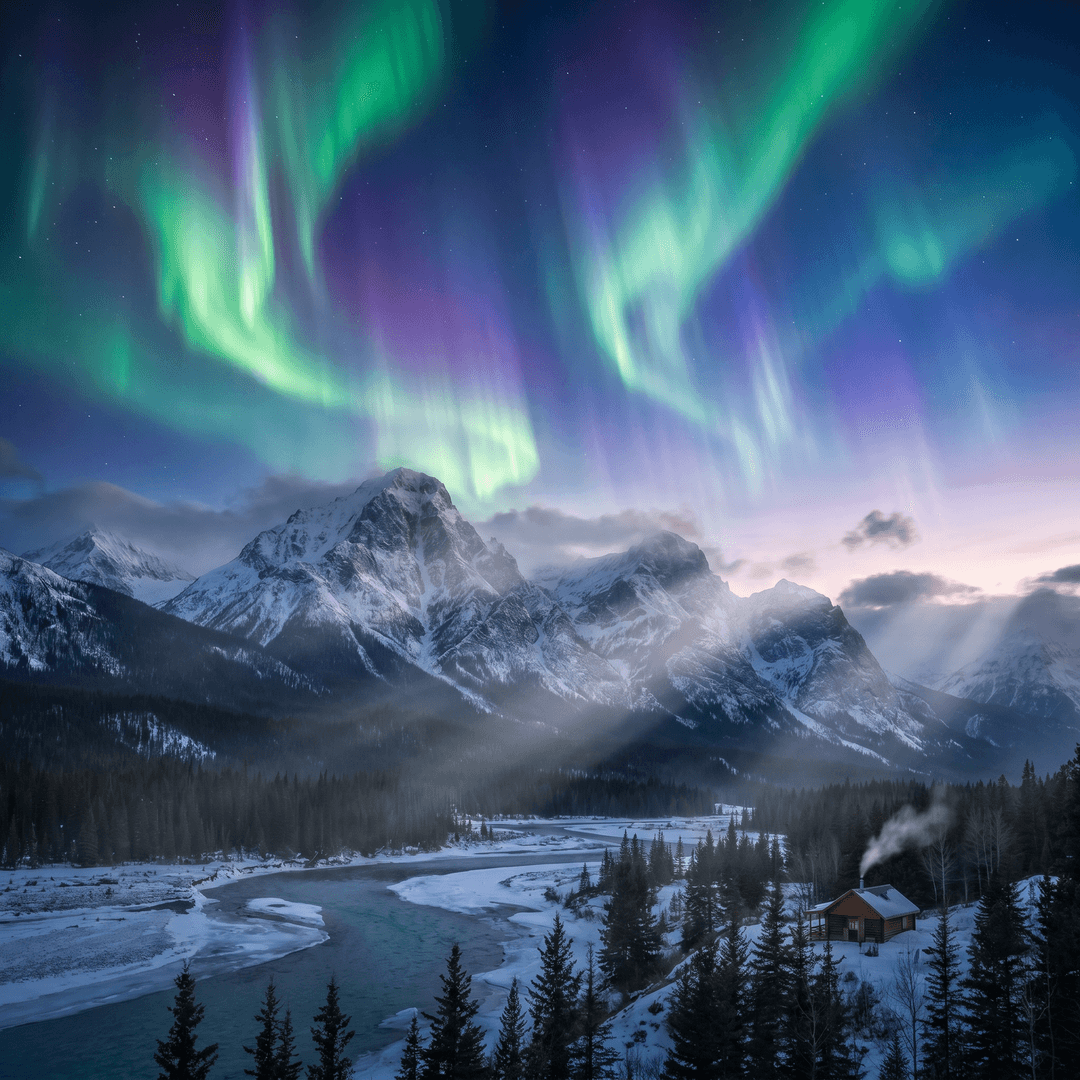 A magical aurora over snow-capped mountains at twilight, cinematic 4K, volumetric lighting, ultra-detailed landscape photography