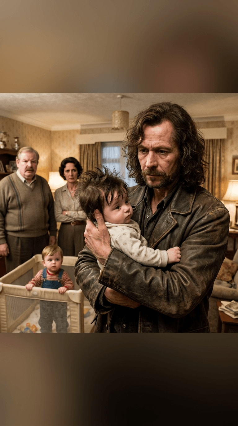 medium close up, Sirius black with 1 year old Harry potter in his arms, inside Dursleys, house, vernon dursley, petunia dursley and 1 year old dudley dursley are there