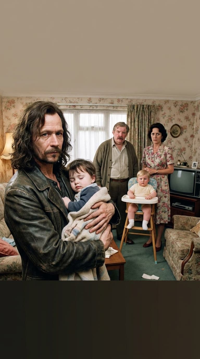 medium close up, Sirius black with 1 year old Harry potter in his arms, inside Dursleys, house, vernon dursley, petunia dursley and 1 year old dudley dursley are there