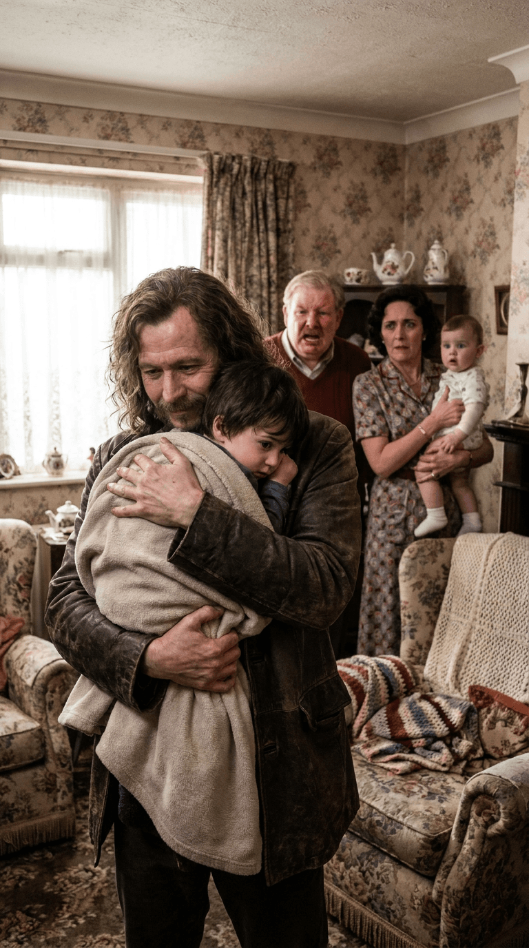 **Photorealistic, medium close-up shot:** Sirius Black, in a moment of tender vulnerability, cradles a 1-year-old Harry Potter protectively in his arms. The scene unfolds within the cramped, chintzy living room of the Dursleys' house. In the background, Vernon Dursley, his face a mask of apoplectic rage, glowers at Sirius, while Petunia Dursley, her lips pursed in a thin line of disapproval, clutches a wide-eyed, 1-year-old Dudley Dursley close to her side. The lighting is natural, casting soft shadows that emphasize the emotional tension in the room. The textures of the Dursleys' gaudy wallpaper, the worn fabric of their sofa, and the subtle details of Sirius's weathered leather jacket are rendered with hyper-realistic clarity. The focus is sharp on Sirius and Harry, with a slight, natural fall-off in the background, drawing the viewer's eye to the central figures. The atmosphere is thick with unspoken animosity and a palpable sense of impending conflict. Shot on a high-resolution full-frame camera with a prime lens, f/2.8, ISO 400, natural light. 9:16 aspect ratio.