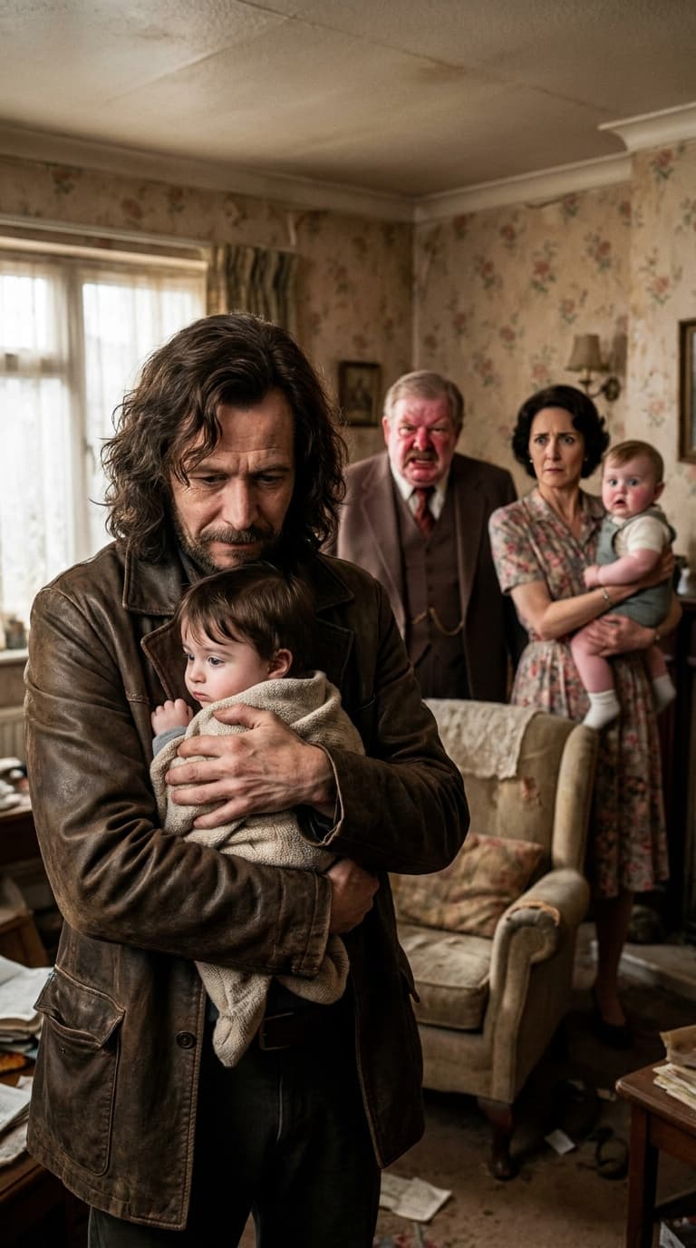 **Photorealistic, medium close-up shot:** Sirius Black, in a moment of tender vulnerability, cradles a 1-year-old Harry Potter protectively in his arms. The scene unfolds within the cramped, chintzy living room of the Dursleys' house. In the background, Vernon Dursley, his face a mask of apoplectic rage, glowers at Sirius, while Petunia Dursley, her lips pursed in a thin line of disapproval, clutches a wide-eyed, 1-year-old Dudley Dursley close to her side. The lighting is natural, casting soft shadows that emphasize the emotional tension in the room. The textures of the Dursleys' gaudy wallpaper, the worn fabric of their sofa, and the subtle details of Sirius's weathered leather jacket are rendered with hyper-realistic clarity. The focus is sharp on Sirius and Harry, with a slight, natural fall-off in the background, drawing the viewer's eye to the central figures. The atmosphere is thick with unspoken animosity and a palpable sense of impending conflict. Shot on a high-resolution full-frame camera with a prime lens, f/2.8, ISO 400, natural light. 9:16 aspect ratio.