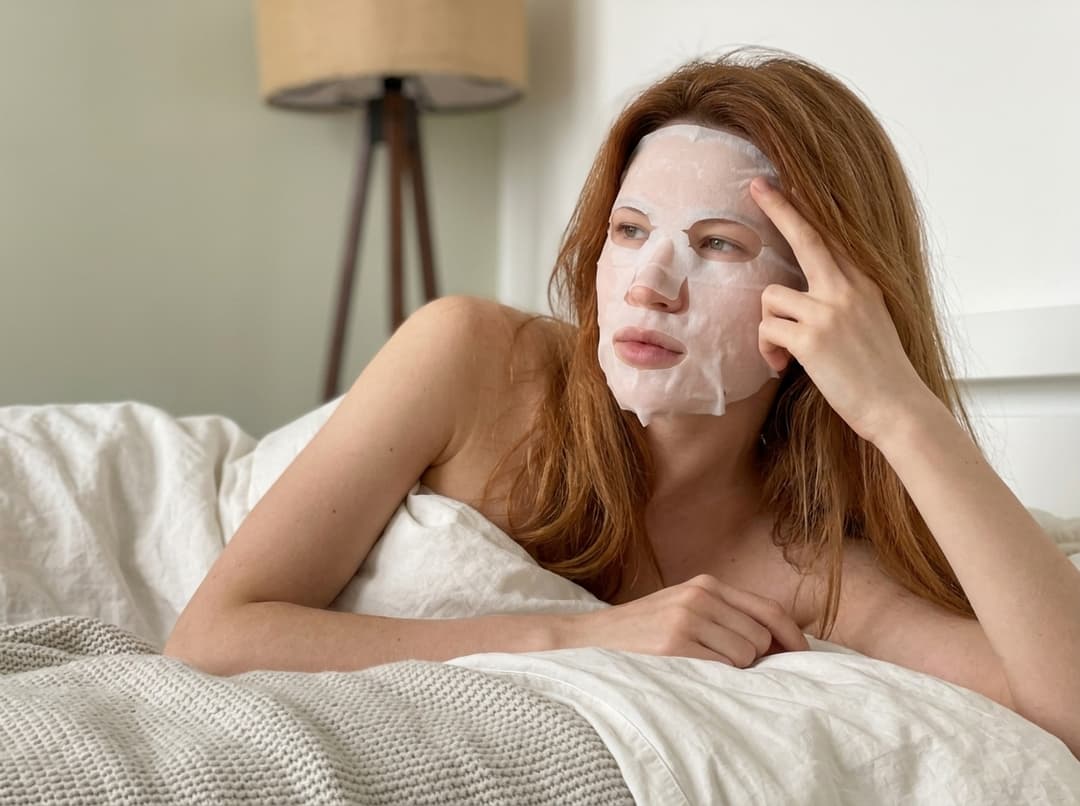 “A medium shot captures the person in the uploaded reference image (DO NOT TOUCH FACE). The person's torso is visible from the chest down, with a with a white sheet small mask covering their chest. The right hand is placed on top of the sheet mask. no tank top. no clothes. no covering. The lighting is soft and warm, with a slightly 24-28mm equivalent lens perspective. The overall tone is intimate and casual”
