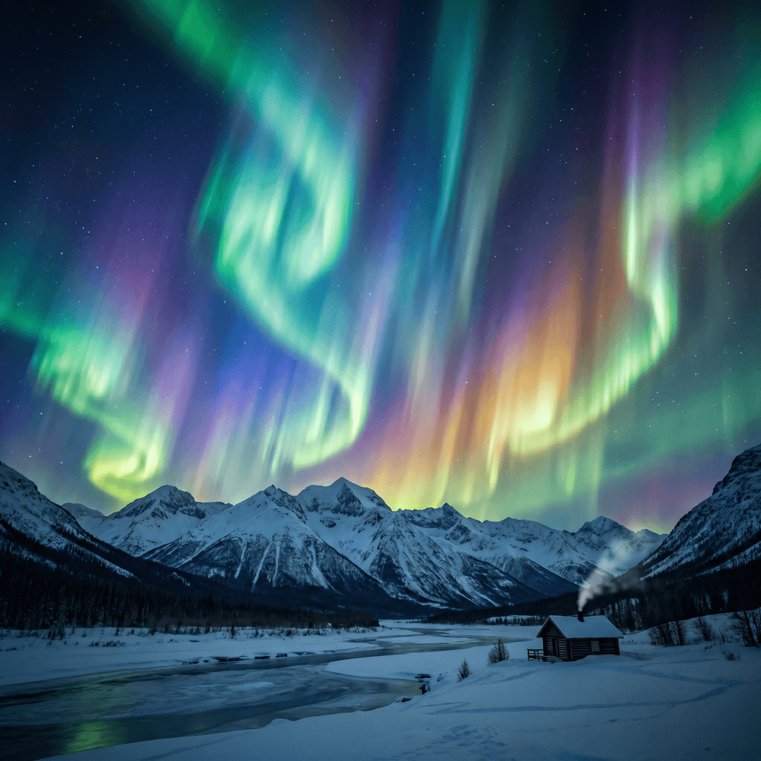 A magical aurora over snow-capped mountains at twilight, cinematic 4K, volumetric lighting, ultra-detailed landscape photography
