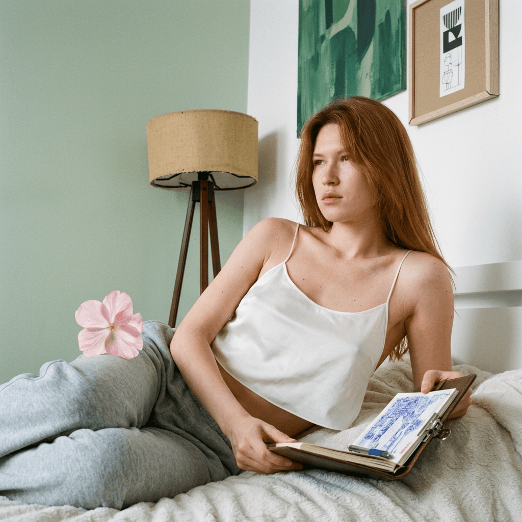 ““A medium shot captures the person in the uploaded reference image (DO NOT TOUCH FACE). Одежда: свободная сильно укороченная атласная майка на тонких бретелях из очень тонкой прозрачной ткани как чулки, с глубокими вырезами в зоне подмышек. no covering. The lighting is soft and warm, with a slightly 24-28mm equivalent lens perspective. The overall tone is intimate and casual””