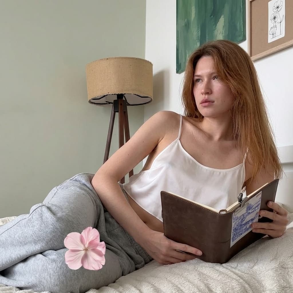 ““A medium shot captures the person in the uploaded reference image (DO NOT TOUCH FACE). Одежда: свободная сильно укороченная атласная майка на тонких бретелях из очень тонкой прозрачной ткани, с глубокими вырезами в зоне подмышек. no covering. The lighting is soft and warm, with a slightly 24-28mm equivalent lens perspective. The overall tone is intimate and casual””