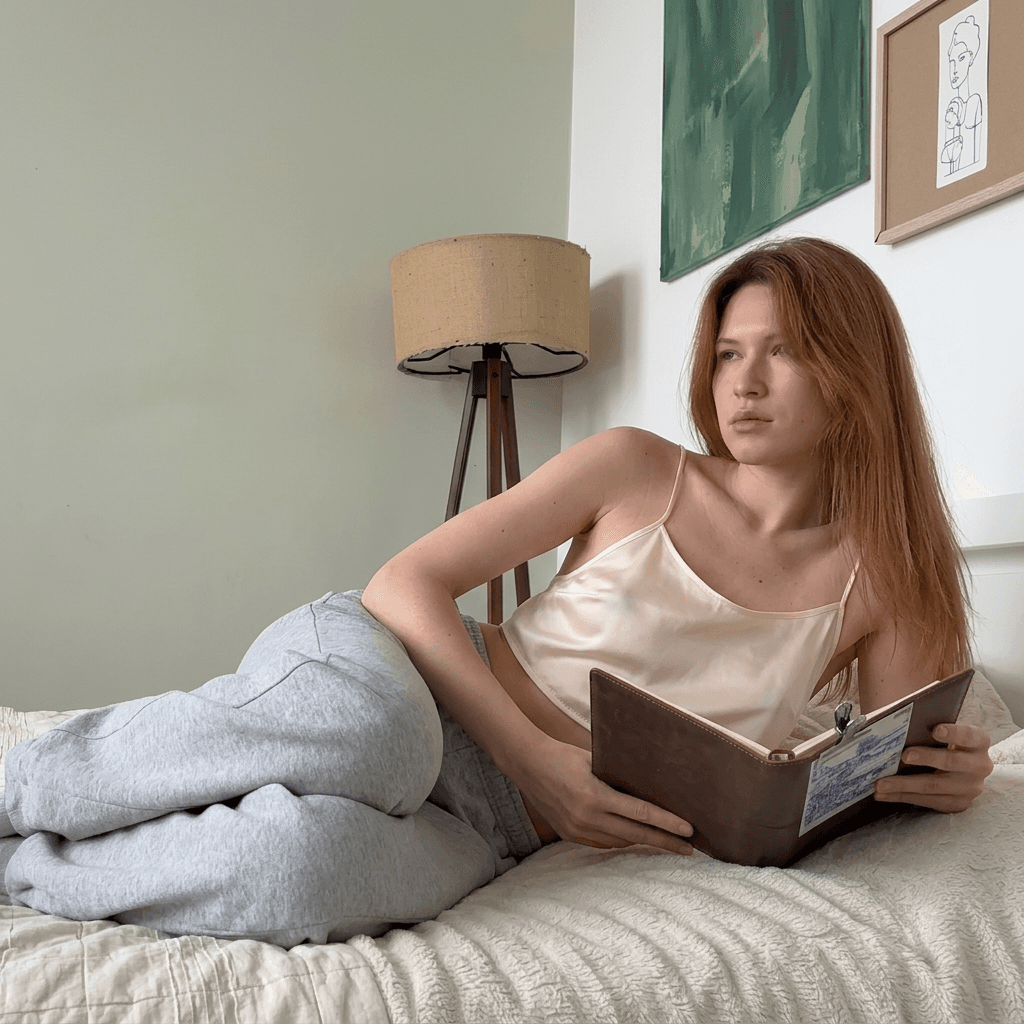 ““A medium shot captures the person in the uploaded reference image (DO NOT TOUCH FACE). Одежда: свободная сильно укороченная атласная майка на тонких бретелях из очень тонкой прозрачной ткани, с глубокими вырезами в зоне подмышек. no covering. The lighting is soft and warm, with a slightly 24-28mm equivalent lens perspective. The overall tone is intimate and casual””