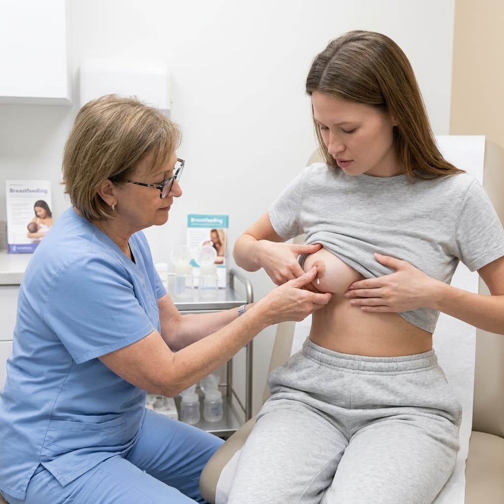 Woman, 21 years old, new mother wearing a crop top , in doctors office, sitting in chair, demonstrating how to milk her actual bare breast for breastfeeding purposes, there is visible milk , the doctor is helping her squeeze

-fill breast shown , - only wearing one top