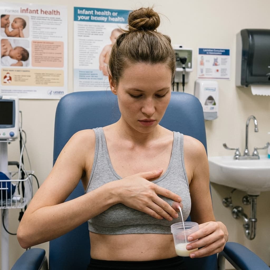 Woman, 21 years old, new mother wearing a crop top , in doctors office, sitting in chair, demonstrating how to milk her actual bare small breast for breastfeeding purposes, there is visible milk

-fill breast shown , - only wearing one top