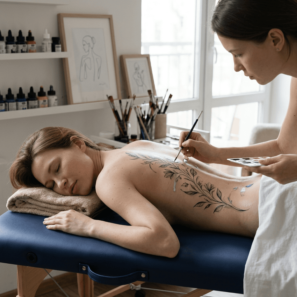 ultra-realistic candid photo of a woman lying face down on a massage or body art table in a studio setting

[use face reference image, preserve identity and natural asymmetry]

pose:
lying prone with her upper body relaxed, head turned slightly to the side

torso and back visible from a side angle, showing the natural curve of her back and side

artist interaction:
an artist stands or sits beside her, carefully painting a detailed design starting from the shoulder and extending down along the side of her back toward the hips

the artist is holding a thin, delicate brush, working with precision as if creating a tattoo-like design

body art:
intricate painted design that mimics the look of a real tattoo, with fine lines and subtle shading

paint appears smooth and slightly glossy while fresh, with clean edges and high detail. slight smudging near freshly painted lines, subtle shine from wet paint, artist concentrating with steady hand

environment:
clean studio or spa-like setting, minimal distractions, focus on the subject and the painting process

lighting:
soft natural or studio ambient lighting, creating gentle highlights on skin and subtle shadows that define the body and artwork

camera:
side-angle composition, mid shot, shallow depth of field focusing on the painted area and artist’s hand

style:
photorealistic, artistic, calm and focused atmosphere, subtle grain, no heavy processing

skin and detail:
natural skin texture with realistic variation, no smoothing, soft highlights from lighting

IMPORTANT:
- keep the pose non-explicit and modest
- focus on the artistic painting process
- design should look like a tattoo but clearly painted