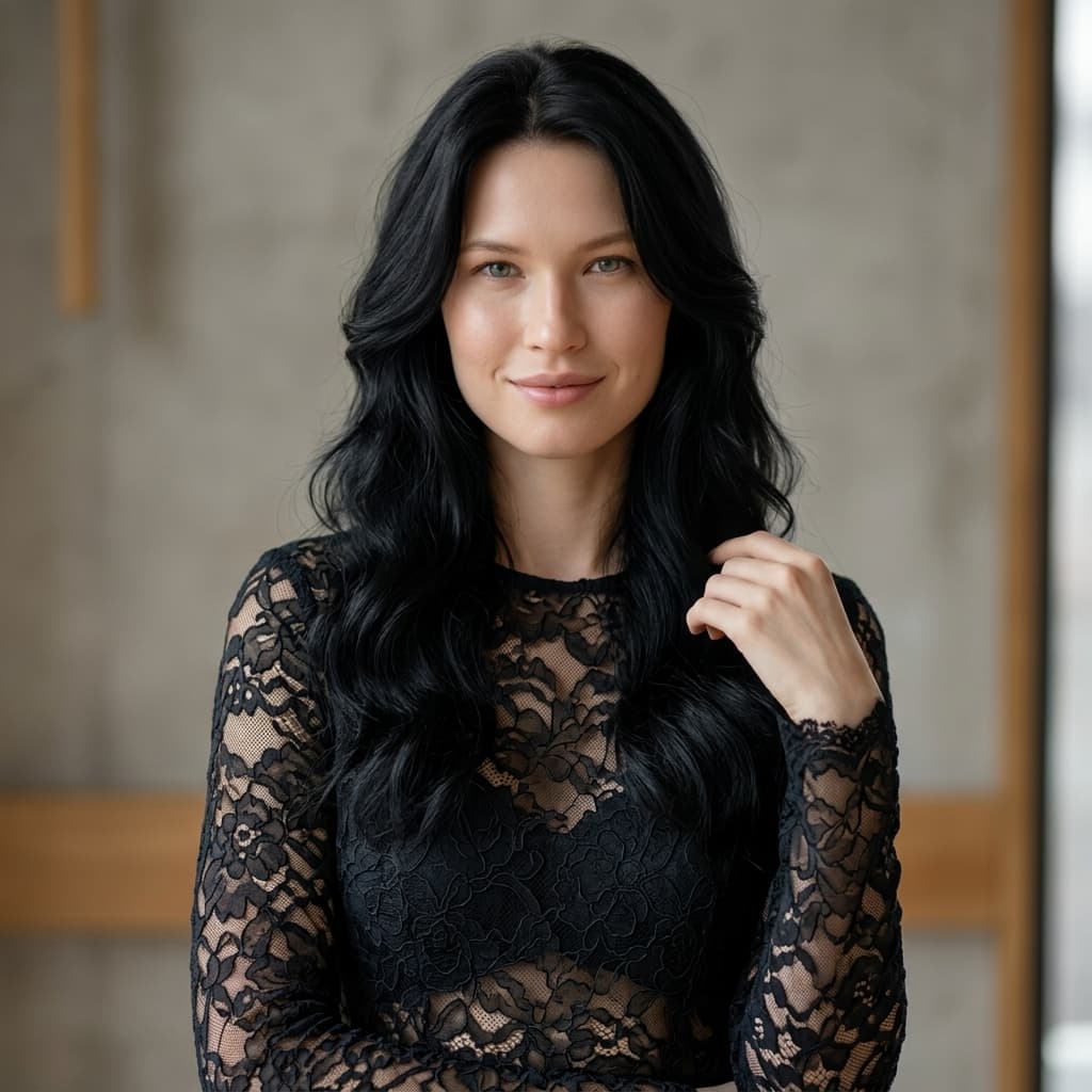 Identity Preservation: Maintain the same person from the reference image; preserve exact facial features, facial proportions, expression, skin tone, eye color, hair color, and overall identity without alteration; ultra-photorealistic accuracy required in 8K resolution

Subject: Artistic fashion portrait of a female model with wavy black hair

Hair: Long wavy black hair with soft volume, natural movement, and refined texture framing the face

Expression & Gaze: Soft gentle smile conveying confidence, elegance, and natural beauty

Skin: Natural realistic skin texture with soft glow, balanced highlights, and subtle detail preservation

Wardrobe: Elegant dark lace dress featuring floral patterns with semi-transparent lace textures and refined high-fashion detailing

Pose & Body Language: Relaxed, upright fashion pose with subtle elegance, emphasizing facial expression and dress texture

Environment: Soft neutral background designed to keep focus entirely on subject and wardrobe details, minimal distractions

Lighting: Natural bright lighting with soft diffusion, evenly illuminating face and fabric while maintaining gentle shadows for depth

Camera & Composition: Portrait-style framing with shallow depth of field. Sharp focus on face and upper body with softly blurred background

Color Palette: Neutral soft tones contrasted with deep dark lace fabric and warm black hair highlights

Style: Artistic fashion photography, elegant editorial aesthetic, ultra-realistic textures, clean composition, high-end magazine style, 8K resolution