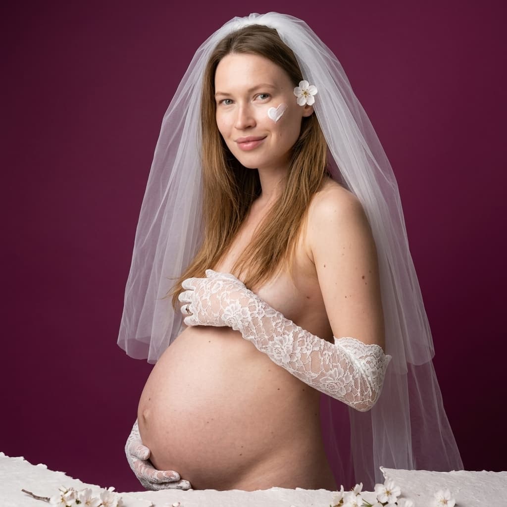 Identity Preservation:
Use the uploaded reference photo as the sole facial reference. Preserve exact facial features, bone structure, skin tone, hair color, and hair style. Do not alter or smooth the face. Maintain natural asymmetry, visible pores, and realistic skin texture. No AI beautification, no morphing, no stylization of the face. The subject must appear physically identical to the reference photo.

Visual Elements: Ultra-realistic 8K photography, maximum photorealism without CGI or 3D effects, extreme super-detail, high sharpness, natural high gloss. Detailed skin texture: visible pores on cheeks and nose, slight expression lines around eyes, and nasolabial folds clearly visible. Natural skin with minor imperfections, no plastic or airbrushed effect.

A photorealistic studio photograph of a nude pregnant woman standing in a three-quarter view facing slightly to her right, captured with a Canon EOS R5 or similar full-frame mirrorless camera using an 85mm f/1.4 prime lens at f/2.8 aperture for shallow depth of field, ISO 100, 1/200s shutter speed, her fair skin tone glowing softly under even key lighting from the front-left with subtle fill from the right creating gentle Rembrandt-style shadows along her jawline and belly curve, her almond-shaped hazel eyes gazing directly at the camera with a serene yet subtly melancholic expression, full lips in a neutral pout, high cheekbones and straight nose framed by loose chestnut-brown wavy hair cascading over her shoulders. She cradles her prominently round, late-term pregnant belly at mid-height with both hands, wearing only long white lace opera gloves extending from fingertips to above the elbows and a sheer white tulle bridal veil draped loosely over her head, the veil's fine mesh texture billowing softly around her torso and trailing down to her thighs, partially translucent to reveal her nude body including perky breasts, subtle navel protrusion, smooth hip curves, and toned thighs without any undergarments or additional clothing. The seamless deep magenta-purple background fills the frame edge-to-edge with no visible floor or props, creating absolute isolation on the subject, warm-cool color grading with desaturated skin tones and a faint pinkish highlight on the veil and gloves contrasting the rich purple backdrop, subtle vignette pulling focus inward, light film grain and soft haze evoking Kodak Portra 400 emulation processed in Lightroom with gentle clarity boost and microcontrast. Composition adheres to rule of thirds with her eyes and belly center positioned off-axis to the left, leading lines from veil folds drawing the eye downward to her hands on the belly, creamy bokeh in the shallow depth behind her with razor-sharp foreground detail on face, gloves, and veil texture, golden ratio spiral implied by her arched pose and veil drape, intimate maternal atmosphere with ethereal bridal symbolism, ultra-high resolution 8K, tack-sharp focus, professional studio quality, flawless skin retouching, cinematic mood of quiet anticipation and vulnerability.