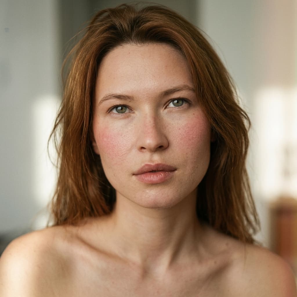 Use the uploaded reference image as the sole identity source for the woman. Preserve her exact body size, figure, facial identity, facial structure, facial proportions, skin tone, eye shape, brow shape, nose shape, lip shape, jawline, and overall recognizable adult appearance with strong photorealistic fidelity. ethnicity, or facial proportions. No face substitution, no beautification drift, no stylization, and no artificial symmetry correction.

This is a tightly framed, intimate head and shoulders portrait , subject facing camera frontally with slight torso angle, shot from a slightly elevated angle, which makes the subject look up toward the camera—instantly creating a sense of closeness and vulnerability. The composition is centered on her face, this anchors the image while the shallow depth of field softly dissolves the background and foreground into a muted blur.

Lighting / Treatment (this is where the image really lives):
The lighting is soft, directional, and naturalistic—likely window light coming from one side. It wraps gently across her face, creating smooth transitions between highlights and shadows rather than harsh contrast. Notice how one side of her face falls slightly into shadow while the other catches a warm, diffused glow. This gives depth without looking dramatic or staged.

There’s a strong “film-like” treatment here:

Important:-
Color grading: Warm skin tones with slightly muted greens and cool shadows in the background. The whites aren’t pure—they lean creamy, giving a nostalgic, analog feel.
Contrast: Moderately low. Blacks are lifted, avoiding crushed shadows and preserving detail in darker areas.
Highlights: Softly rolled off—nothing is blown out, especially on the skin, which keeps it natural and tactile.
Texture: Fine grain is added, contributing to that cinematic, almost 35mm look. Skin texture is preserved and detailed, with vellus hair visible on edges of face ands shoulders ,rather than overly smoothed, which keeps it realistic.
-light leak on camera right
- background to be bokeh effect as per second uploaded image

Lens / Focus feel:
A very shallow depth of field isolates her face with the eyes sharply in focus and everything else gently fading. using a fast prime lens f/1.8 enhancing that dreamy separation.
-a strong light haze from camera left and a foreground element causing a blur camera right see attached for example only of blur and colur treatment

A few key details:

- shoulders are bare
- no visible clothing
- keep frame head and shoulders

light, soft fabric—works with the color grading to reinforce a warm, intimate tone. Nothing in the frame competes for attention. The slightly messy hair and natural makeup push it away from a polished commercial look and into something more candid and personal.

Overall treatment summary:
Think natural window light + soft contrast + warm/green cinematic grading + grain. It’s designed to feel effortless, like a quiet moment captured rather than constructed—even though it’s clearly very intentional.

Style: realistic, high detail, soft lighting, shallow depth of field, vertical composition, smartphone photo aesthetic, candid yet composed.
- pose should remain confident and editorial- Natural skin detail - visible pores, -no part of reference image outfit to appear in final image, Rosacea on cheeks and décolletage,  -subtle skin imperfections, (((, vellus blonde hair on top lip, dry skin.)))- well defined fine vellus hair on face and arms,and torso, soft blonde body hair.   - Ultra-realistic - stretch marks on stomach and decolletage, photorealistic detail. centered symmetrical composition, shot on Hasselblad X2D, 85mm portrait lens, f/1.8, soft bokeh, prime lens, razor sharp, rim light, backlit, hair light, hyperrealistic, indistinguishable from photo, award-winning 