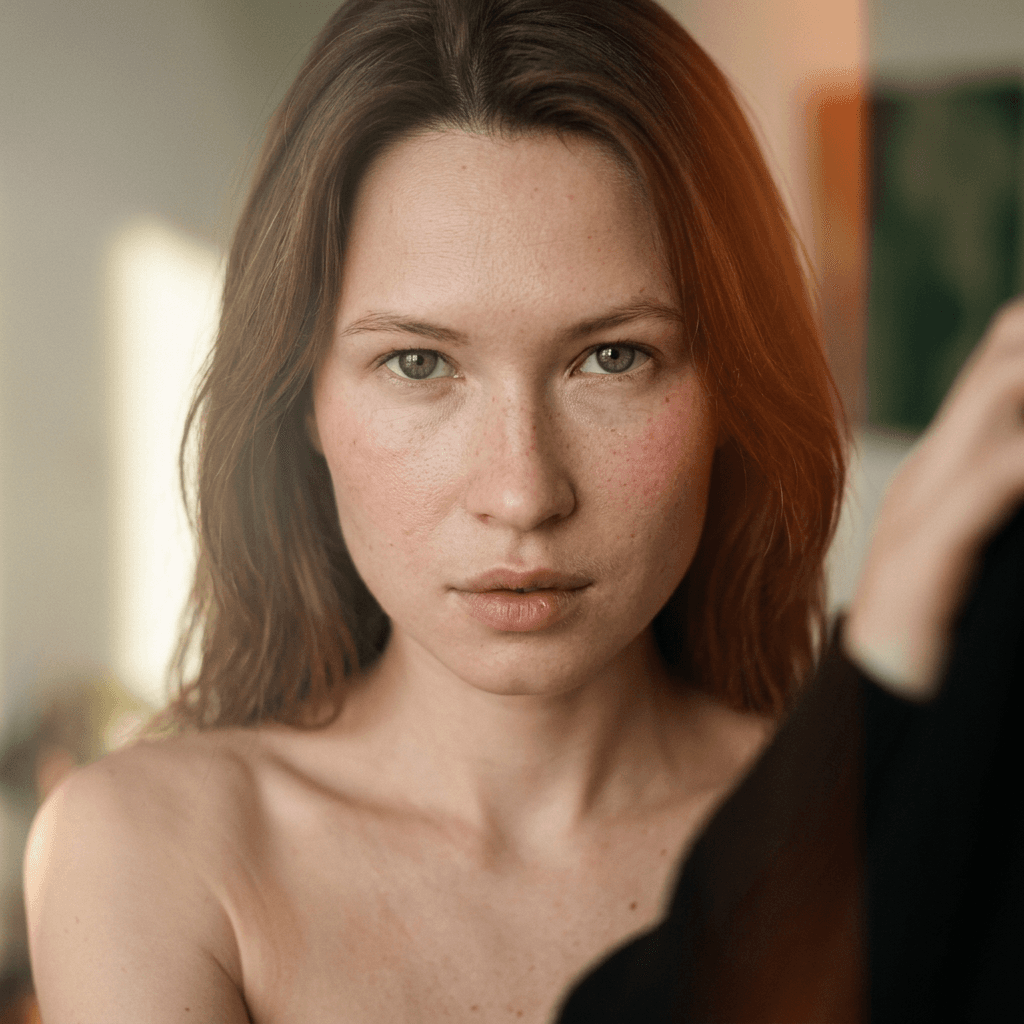 Use the uploaded reference image as the sole identity source for the woman. Preserve her exact body size, figure, facial identity, facial structure, facial proportions, skin tone, eye shape, brow shape, nose shape, lip shape, jawline, and overall recognizable adult appearance with strong photorealistic fidelity. ethnicity, or facial proportions. No face substitution, no beautification drift, no stylization, and no artificial symmetry correction.

This is a tightly framed, intimate head and shoulders portrait , subject facing camera frontally with slight torso angle, shot from a slightly elevated angle, which makes the subject look up toward the camera—instantly creating a sense of closeness and vulnerability. The composition is centered on her face, this anchors the image while the shallow depth of field softly dissolves the background and foreground into a muted blur.

Lighting / Treatment (this is where the image really lives):
The lighting is soft, directional, and naturalistic—likely window light coming from one side. It wraps gently across her face, creating smooth transitions between highlights and shadows rather than harsh contrast. Notice how one side of her face falls slightly into shadow while the other catches a warm, diffused glow. This gives depth without looking dramatic or staged.

There’s a strong “film-like” treatment here:

Important:-
Color grading: Warm skin tones with slightly muted greens and cool shadows in the background. The whites aren’t pure—they lean creamy, giving a nostalgic, analog feel.
Contrast: Moderately low. Blacks are lifted, avoiding crushed shadows and preserving detail in darker areas.
Highlights: Softly rolled off—nothing is blown out, especially on the skin, which keeps it natural and tactile.
Texture: Fine grain is added, contributing to that cinematic, almost 35mm look. Skin texture is preserved and detailed, with vellus hair visible on edges of face ands shoulders ,rather than overly smoothed, which keeps it realistic.
-light leak on camera right
- background to be bokeh effect as per second uploaded image

Lens / Focus feel:
A very shallow depth of field isolates her face with the eyes sharply in focus and everything else gently fading. using a fast prime lens f/1.8 enhancing that dreamy separation.
-a strong light haze from camera left and a foreground element causing a blur camera right see attached for example only of blur and colur treatment

A few key details:

- shoulders are bare
- no visible clothing
- keep frame head and shoulders

light, soft fabric—works with the color grading to reinforce a warm, intimate tone. Nothing in the frame competes for attention. The slightly messy hair and natural makeup push it away from a polished commercial look and into something more candid and personal.

Overall treatment summary:
Think natural window light + soft contrast + warm/green cinematic grading + grain. It’s designed to feel effortless, like a quiet moment captured rather than constructed—even though it’s clearly very intentional.

Style: realistic, high detail, soft lighting, shallow depth of field, vertical composition, smartphone photo aesthetic, candid yet composed.
- pose should remain confident and editorial- Natural skin detail - visible pores, -no part of reference image outfit to appear in final image, Rosacea on cheeks and décolletage,  -subtle skin imperfections, (((, vellus blonde hair on top lip, dry skin.)))- well defined fine vellus hair on face and arms,and torso, soft blonde body hair.   - Ultra-realistic - stretch marks on stomach and decolletage, photorealistic detail. centered symmetrical composition, shot on Hasselblad X2D, 85mm portrait lens, f/1.8, soft bokeh, prime lens, razor sharp, rim light, backlit, hair light, hyperrealistic, indistinguishable from photo, award-winning 