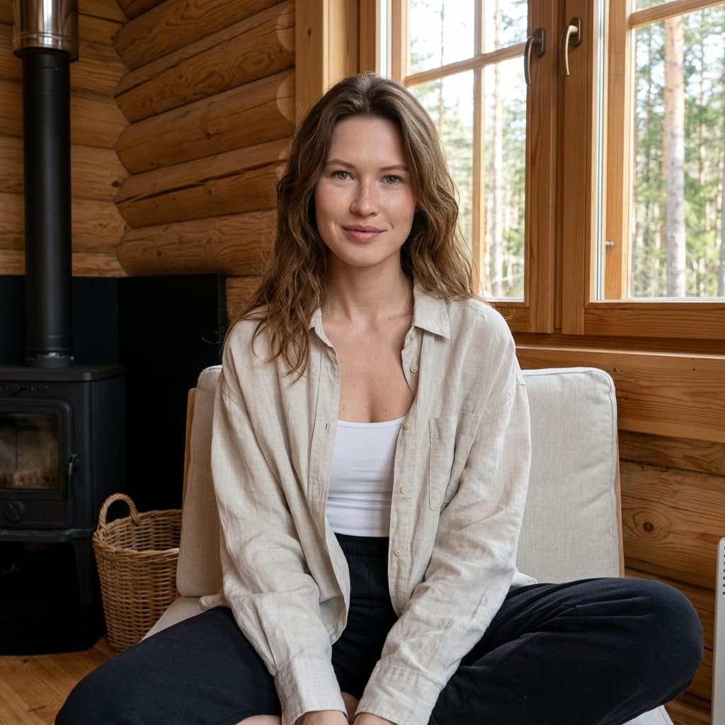 Photorealistic 3:4 portrait of a beautiful young woman with long wavy platinum-blonde hair, bright blue eyes, fair skin, and a gentle closed-mouth smile, sitting in a cozy wooden log cabin. She is wearing an oversized, unbuttoned beige/off-white linen shirt that is open low on her chest, revealing deep cleavage and bare breasts underneath. The shirt is slightly wrinkled and natural-looking. She is wearing black panties. Her legs are slightly spread while sitting on a light-colored cushioned surface near a large window.Camera position: Front three-quarter view, eye-level to slightly low angle, medium shot from about 1.2 meters away, capturing her upper body and thighs. The framing shows her from mid-thigh up, centered in the frame with clear focus on her face, cleavage, and torso.Background details: Rustic log cabin interior with horizontal wooden logs on the walls, a large wooden-framed window on the right side showing green forest and natural daylight, a smaller window on the left, a black wood-burning stove with chimney pipe visible behind her left side, and a wicker basket on the floor. Warm natural daylight coming from the windows, soft shadows, cinematic lighting.Style: Highly detailed photorealistic photography, sharp focus, natural skin texture, realistic fabric details, 8k resolution, natural color grading, shot on Sony A7R IV.

