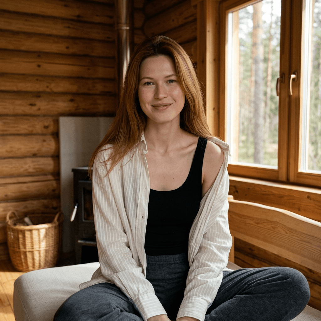 Photorealistic 3:4 portrait of a beautiful young woman with long hair, bright blue eyes, fair skin, and a gentle closed-mouth smile, sitting in a cozy wooden log cabin. She is wearing an oversized, unbuttoned beige/off-white linen shirt that is open low on her chest, revealing deep cleavage and bare breasts underneath. The shirt is slightly wrinkled and natural-looking. She is wearing black panties. Her legs are slightly spread while sitting on a light-colored cushioned surface near a large window.Camera position: Front three-quarter view, eye-level to slightly low angle, medium shot from about 1.2 meters away, capturing her upper body and thighs. The framing shows her from mid-thigh up, centered in the frame with clear focus on her face, cleavage, and torso.Background details: Rustic log cabin interior with horizontal wooden logs on the walls, a large wooden-framed window on the right side showing green forest and natural daylight, a smaller window on the left, a black wood-burning stove with chimney pipe visible behind her left side, and a wicker basket on the floor. Warm natural daylight coming from the windows, soft shadows, cinematic lighting.Style: Highly detailed photorealistic photography, sharp focus, natural skin texture, realistic fabric details, 8k resolution, natural color grading, shot on Sony A7R IV.

