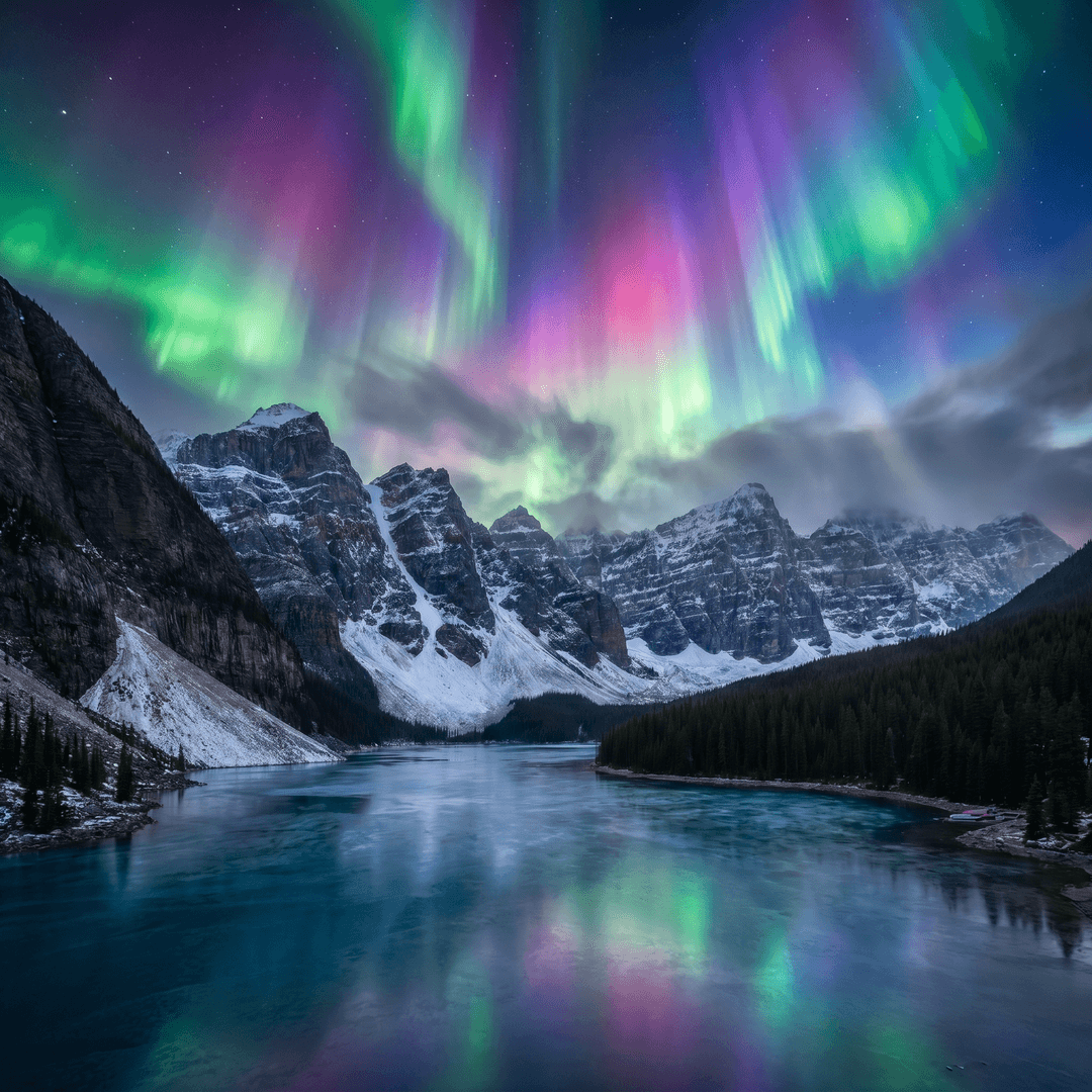 A magical aurora over snow-capped mountains at twilight, cinematic 4K, volumetric lighting, ultra-detailed landscape photography