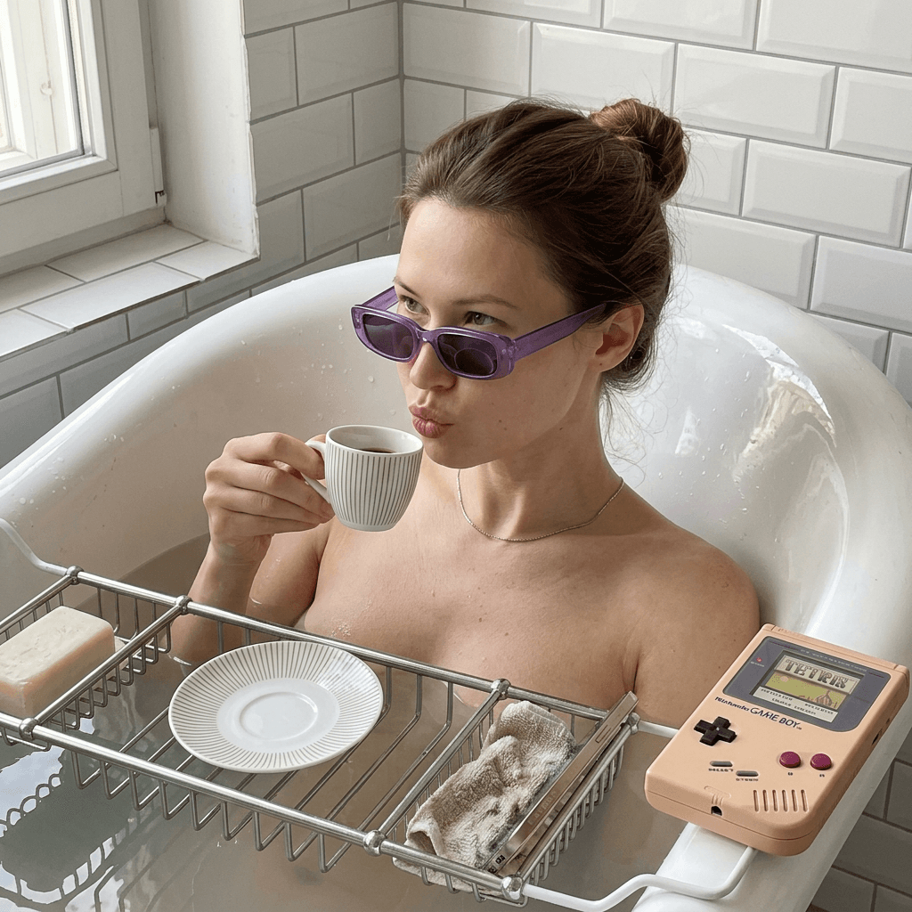 A scene featuring the woman in the uploaded reference image (DO NOT TOUCH FACE). "A highly detailed, contemporary lifestyle photograph in a 9:16 aspect ratio, captured with a modern smartphone from a high-angle, medium-close perspective that focuses on Sydney Sweeney. She is sitting and reclining comfortably inside a classic white bathtub filled with water, submerged up to her upper stomach. Her slender body is partially visible through the water. Her hair is styled in a loose, slightly messy bun, and she has plump, pink lips making a playful "duck face" kissy pout directed at the camera. While her face is turned toward the camera, her eyes are looking upward and to the side over the top of her trendy, thick purple-framed rectangular sunglasses, which feature warm brown lenses. She wears a wet white spaghetti strap tank top, a delicate silver necklace with a small pendant, a silver ring on her left ring finger, and sports a fresh white manicure. Her left hand is raised near her chest, delicately holding a ceramic coffee cup with white vertical stripes by the handle. A matching striped saucer rests on a stainless steel wire bath caddy positioned across the tub. Her right hand is mostly invisible, resting in the water near the bottom left corner. Resting on the right edge of the tub is a light orange retro handheld gaming console (screen off) with a black D-pad and buttons, connected by a thin black wire that leads up to her ears. The setting is an indoor bathroom with a background wall of large square white ceramic tiles and light gray grout. The lighting is soft, diffused, and even, with slight highlights on her skin, the water, and the tiles suggesting natural light from above, creating a clean, soft aesthetic without harsh shadows. The image possesses an indie portrait aesthetic with slightly soft and warm cinematic color grading, featuring sharp focus on her face and the surrounding props, showcasing realistic skin textures and a relaxed, playful, and nostalgic modern lifestyle vibe. The color palette centers on white, black, purple, and light peach."
