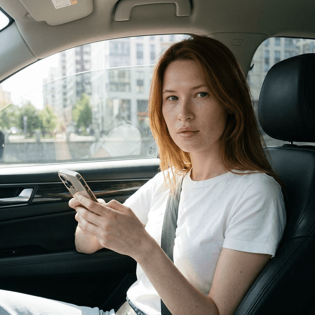 A medium shot from an eye-level perspective inside a car shows the person in the uploaded reference image (DO NOT TOUCH FACE) with long, straight Pose shows a natural handheld posture with one shoulder slightly forward, controlled head tilt, and clear arm/hand placement. Clothing fit and construction are visible with realistic fabric folds, seam tension, and material texture on contact points. Lighting defines source direction, shadow falloff, and highlight placement with natural color temperature. Camera rendering keeps realistic skin and fabric micro-texture, accurate reflections, and balanced exposure. Capture retains natural imperfections, mild shadow noise, and realistic smartphone sharpening along high-contrast edges.
