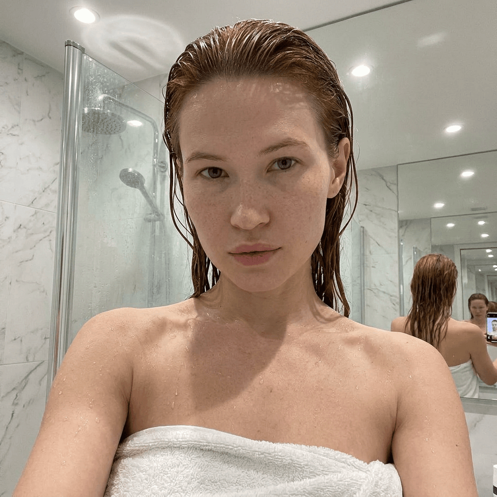 A high-angle, close-up selfie of the person in the uploaded reference image (DO NOT TOUCH FACE) with wet, slicked-back hair, standing in a bathroom. The same person is wrapped in a white, textured terry-cloth towel tucked securely across the chest. The skin is natural, showing visible freckles, a dewy texture, and small water droplets on the shoulders and collarbone. The same person is looking directly into the camera lens with a neutral, relaxed expression. The background features a glass shower door with visible water condensation and streaks, set against a wall of white marble tiles with grey veining. The lighting is soft and bright, suggesting an indoor bathroom environment with overhead illumination reflecting off the glass and the same person's skin. The composition is centered, capturing the same person from the chest up, with the camera held at a slightly downward angle. The overall aesthetic is raw, candid, and intimate. Photorealistic 8k. Authentic lighting and shadows.
