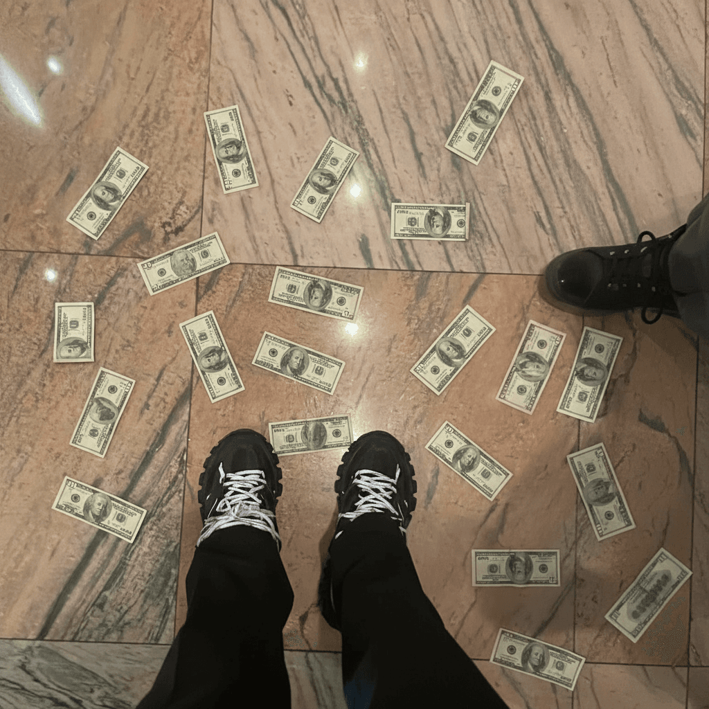 Add real money to the floor of this picture near my shoes, spread out evenly, 100 and 50 dollar bills 