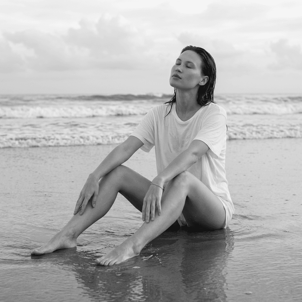 Woman attached in the uploaded reference image ( Keep face of person 100% accurate from the reference image ) Black and white photography. The woman is seated on a wet sandy beach with her legs extended forward and slightly apart, knees bent, and feet submerged in shallow water. Her body is oriented towards the camera, with her head tilted slightly back and her eyes closed, conveying a sense of peace or meditation. Her shoulders are relaxed, and her arms rest on her thighs, hands gently placed on her knees. She wears a simple, loose-fitting white cotton t-shirt that is wet and clings slightly to her body, revealing the outline of her form underneath. She is also wearing white shorts, barely visible beneath the t-shirt. On her left wrist, she wears a delicate, thin bracelet. The lighting is soft and diffused, likely from an overcast sky, casting gentle shadows and subtle highlights on her skin and the wet fabric of her t-shirt. Her dark hair is wet and appears slicked back from her forehead, with a few strands clinging to her temples and neck. The shallow water surrounding her reflects the cloudy sky, creating subtle, shimmering ripples. The wet, dark sand beneath her contrasts with the lighter, drier sand visible further up the beach. In the background, gentle ocean waves break, forming distinct lines of white foam against the darker expanse of the sea. The overcast sky is filled with soft, diffused cloud formations, contributing to the overall serene atmosphere.
