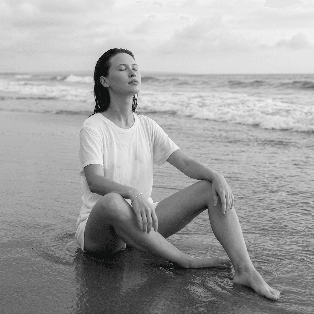Woman attached in the uploaded reference image ( Keep face of person 100% accurate from the reference image ) Black and white photography. The woman is seated on a wet sandy beach with her legs extended forward and slightly apart, knees bent, and feet submerged in shallow water. Her body is oriented towards the camera, with her head tilted slightly back and her eyes closed, conveying a sense of peace or meditation. Her shoulders are relaxed, and her arms rest on her thighs, hands gently placed on her knees. She wears a simple, loose-fitting white cotton t-shirt that is wet and clings slightly to her body, revealing the outline of her form underneath. She is also wearing white shorts, barely visible beneath the t-shirt. On her left wrist, she wears a delicate, thin bracelet. The lighting is soft and diffused, likely from an overcast sky, casting gentle shadows and subtle highlights on her skin and the wet fabric of her t-shirt. Her dark hair is wet and appears slicked back from her forehead, with a few strands clinging to her temples and neck. The shallow water surrounding her reflects the cloudy sky, creating subtle, shimmering ripples. The wet, dark sand beneath her contrasts with the lighter, drier sand visible further up the beach. In the background, gentle ocean waves break, forming distinct lines of white foam against the darker expanse of the sea. The overcast sky is filled with soft, diffused cloud formations, contributing to the overall serene atmosphere.
