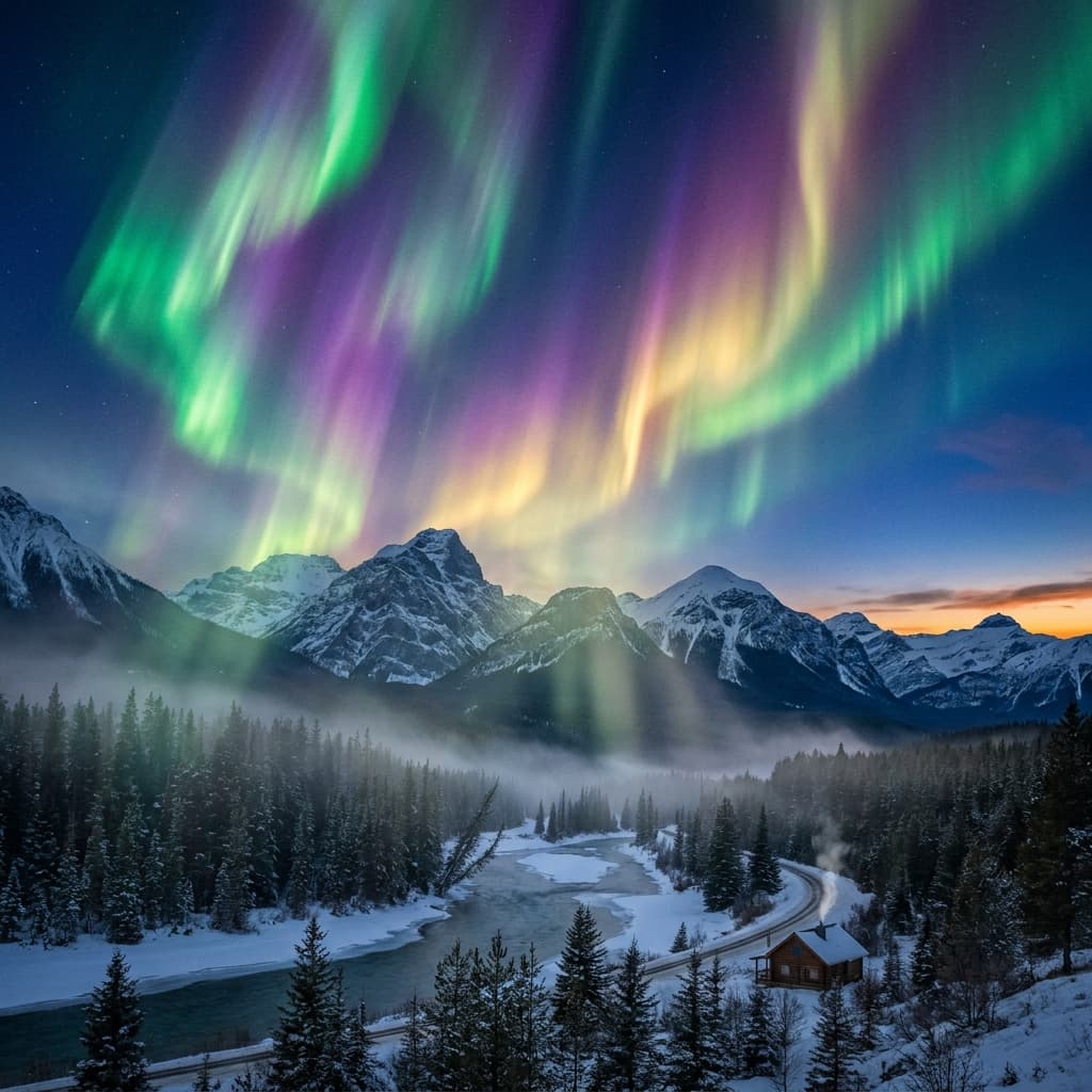A magical aurora over snow-capped mountains at twilight, cinematic 4K, volumetric lighting, ultra-detailed landscape photography