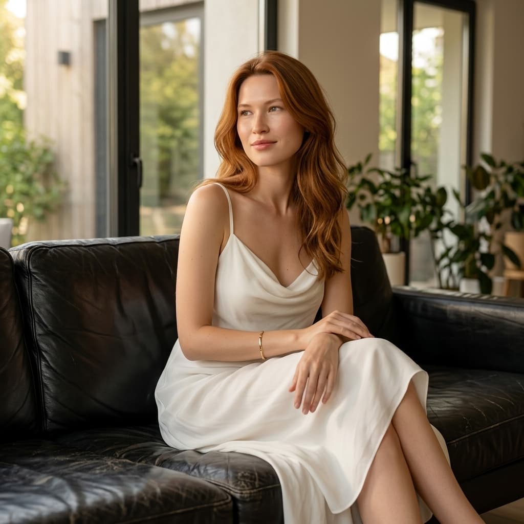 ULTRA-DETAILED AI IMAGE GENERATION PROMPT (IDENTITY-FLEXIBLE RECREATION)

A confident young woman with the same face, body type, and skin tone as the input subject, seated on a leather couch in a cozy indoor setting. Her body is slightly angled, with one leg crossed casually over the other while her hands rest softly on her lap. Her posture is relaxed and natural, leaning slightly forward with a gentle curve.

She is wearing a soft, lightweight white dress with thin straps and a flowing, slightly sheer texture. The neckline is loose and draped, giving a delicate, airy aesthetic.

Her hair is long, naturally flowing, and slightly tousled with soft strands framing her face, creating a calm and effortless look.

Accessories are minimal, with subtle jewelry such as a thin bracelet.

Lighting is warm and natural, coming from nearby windows, casting a soft golden glow across her skin and creating gentle shadows. The environment includes a modern interior with a black leather couch, large glass doors/windows, and soft ambient lighting in the background.

Camera angle is slightly above seated level and angled toward her, capturing a mid-body to head framing. Depth of field is shallow, keeping her in focus while the background softly blurs.

Expression is calm, dreamy, and slightly smiling, with her gaze directed off to the side, giving a candid and intimate feel.

Style: lifestyle editorial photography, warm cinematic color grading, soft natural light, ultra-realistic detail, 4K quality.

--no blur, no distortion, no extra limbs, no harsh lighting, no unnatural anatomy