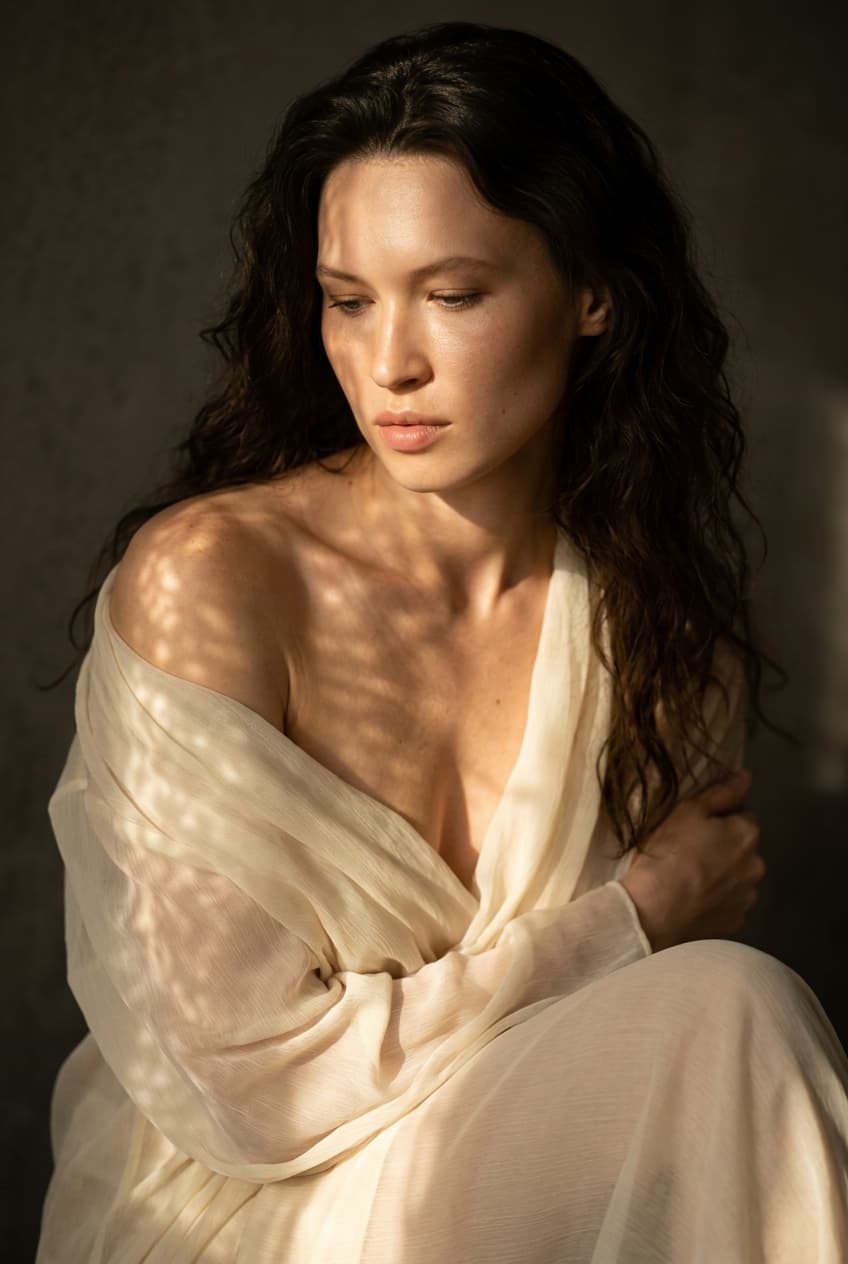 The woman in the uploaded reference image (DO NOT TOUCH FACE) with long, dark, wavy hair, looking downwards with their head tilted slightly. They are draped in a sheer, cream-colored, flowing fabric that falls off one shoulder, revealing the collarbone and upper chest. The fabric is translucent, allowing light to pass through and create subtle, dappled patterns. The background is a dark, subtly textured wall, creating a strong contrast with the subject. The person is seated, with their arms partially visible, tucked against their body. The composition is a close-up, focusing on the upper body and face. Warm golden sunlight, streaming from the side and slightly above, creates delicate, intricate patterned light across their skin and the sheer fabric, with soft shadows sculpting their face and body. The overall lighting is soft and cinematic, reminiscent of fine-art photography. The camera angle is eye-level, using an 85mm lens to create a shallow depth of field, with the background softly blurred. The image is rendered in 8k ultra-high resolution, emphasizing ultra-detailed skin texture and fabric folds. Only the explicitly identified reference-image person should use the uploaded-reference identity; every other person in the scene must remain a separate non-reference person with their own visible appearance and must not resemble the uploaded-reference subject.
