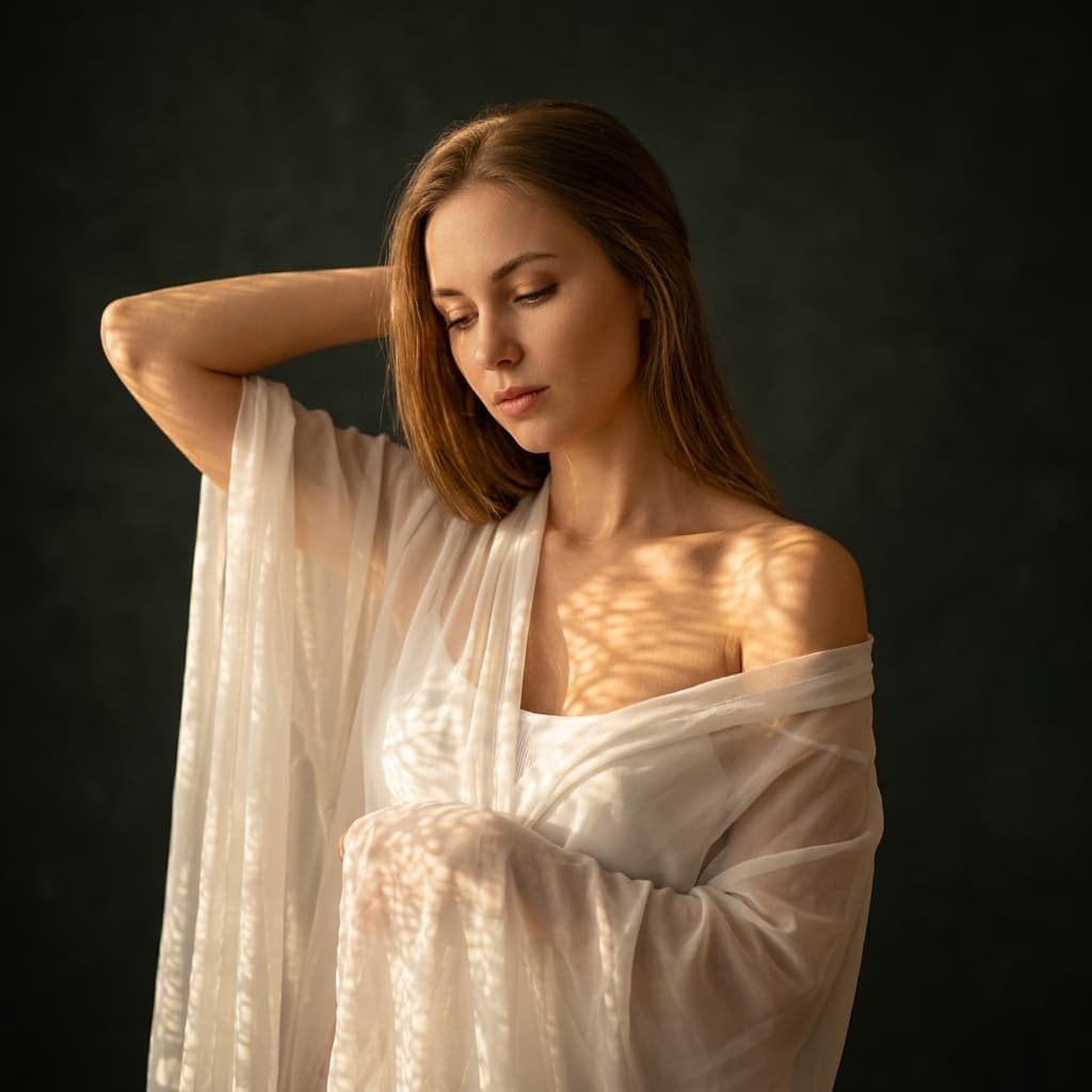 The woman in the uploaded reference image (DO NOT TOUCH FACE) with long hair, looking downwards with their head tilted slightly. They are draped in a sheer, white, fabric that falls off one shoulder, revealing the collarbone and upper chest. The fabric is translucent, allowing light to pass through and create subtle, dappled patterns. The background is a dark, subtly textured wall, creating a strong contrast with the subject. Человека видно по пояс. Человек должен быть с руками, поднятыми за голову, в позе, уверенный и сексуальный. The composition is a close-up, focusing on the upper body and face. Warm golden sunlight, streaming from the side and slightly above, creates delicate, intricate patterned light across their skin and the sheer fabric, with soft shadows sculpting their face and body. The overall lighting is soft and cinematic, reminiscent of fine-art photography. The camera angle is eye-level, using an 85mm lens to create a shallow depth of field, with the background softly blurred. The image is rendered in 8k ultra-high resolution, emphasizing ultra-detailed skin texture and fabric folds. Only the explicitly identified reference-image person should use the uploaded-reference identity; every other person in the scene must remain a separate non-reference person with their own visible appearance and must not resemble the uploaded-reference subject.