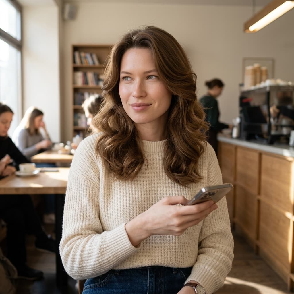 A medium shot captures the person in the uploaded reference image (DO NOT TOUCH FACE) with voluminous, wavy hair framing their face, the pose showing a natural handheld posture with one shoulder slightly forward, a controlled head tilt, and clear arm/hand placement, as if holding a smartphone. Clothing fit and construction are visible with realistic fabric folds, seam tension, and material texture on contact points, suggesting a casual yet well-fitted outfit like a textured knit sweater and denim jeans. The background includes clearly positioned environmental objects, such as a blurred cafe table with a coffee cup and a softly lit bookshelf, with foreground-to-background depth separation creating a shallow depth of field. Lighting defines source direction from a nearby window, with soft shadow falloff and subtle highlight placement on the subject's features and clothing, all rendered with a natural, warm color temperature. The camera rendering keeps realistic skin and fabric micro-texture, accurate reflections in any reflective surfaces like a watch or phone screen, and balanced exposure, avoiding blown-out highlights or crushed shadows. The capture retains natural imperfections, mild shadow noise, and realistic smartphone sharpening along high-contrast edges, with a slight bokeh effect blurring the background further