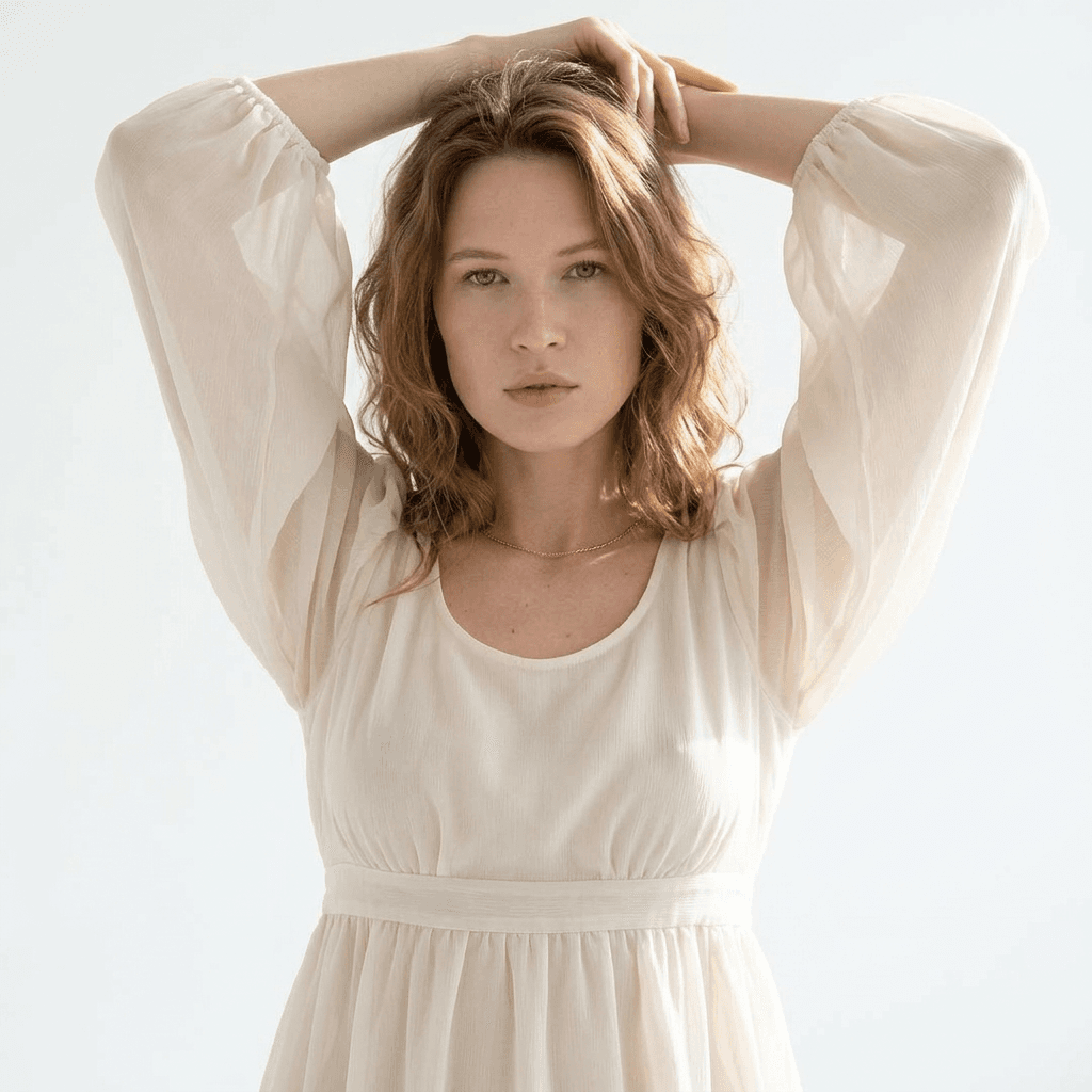 A medium shot of the person in the uploaded reference image (DO NOT TOUCH FACE) with loose wavy shoulder-length hair cascading over her shoulders and framing her face, standing in a seamless bright white studio with her arms raised high overhead, elbows flared outward, fingers interlaced behind her neck and head in a relaxed pose, body slightly turned to her left with hips subtly cocked, legs bare and together at mid-thigh crop, looking directly at the camera with a neutral expression and subtly parted lips. She wears a short sheer off-white chiffon babydoll dress with delicate short puffed sleeves, deep scoop neckline, thin white elasticated waistband cinching at her midriff, and flared scalloped hem ending mid-thigh, the translucent silky fabric clinging lightly to her skin and fully revealing the contours of her slim toned body including visible nipples and areolae through the material. A delicate thin gold chain necklace with small pendant rests at her collarbone. Eye-level camera angle with subtle lens compression for intimate framing, soft diffused natural window light streaming from the right side casting gentle rim highlights on her hair, shoulders, and dress edges while creating soft shadows on her left profile and torso for depth and dimension. Plain infinite white studio background with smooth matte texture, photorealistic high-resolution details on skin pores, hair strands, fabric weave, and subtle sheen, sharp focus throughout, no blur, no artifacts, no distortions, no extra limbs, no mutated hands, no low quality.
