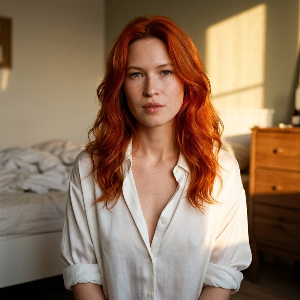 A medium shot portrait captures the person in the uploaded reference image (DO NOT TOUCH FACE) with vibrant, fiery red hair styled in loose, flowing waves that frame their face and shoulders. They are wearing an unbuttoned, sheer white silk oversized dress shirt, revealing the upper chest and cleavage, with the collar open and the sleeves casually rolled up to the elbows. Delicate, scattered freckles are visible across the bridge of the nose and cheeks, adding to their natural charm. The background depicts a softly lit bedroom interior, with the edge of a rumpled bed visible on the left and a warm-toned wooden dresser with drawers on the right. Golden hour sunlight streams intensely through a window behind the subject, creating a bright, warm glow that illuminates their hair and skin, casting soft, elongated shadows across the room. The camera is positioned at eye level, employing a shallow depth of field that renders the background elements softly out of focus, ensuring the subject remains the sharpest point of attention. The lighting is natural and soft, imbued with the warm, diffused quality of golden hour. The composition is centered on the subject, with the blurred background elements providing context without distraction. The lens exhibits a slight wide-angle distortion, maintaining the subject's presence within the sharpest focus plane. The pose is relaxed and natural, with the subject looking directly at the camera with a gentle expression. The overall scene conveys a sense of intimacy, vulnerability, and natural beauty, with the sheer fabric of the shirt and the warm sunlight enhancing the mood.