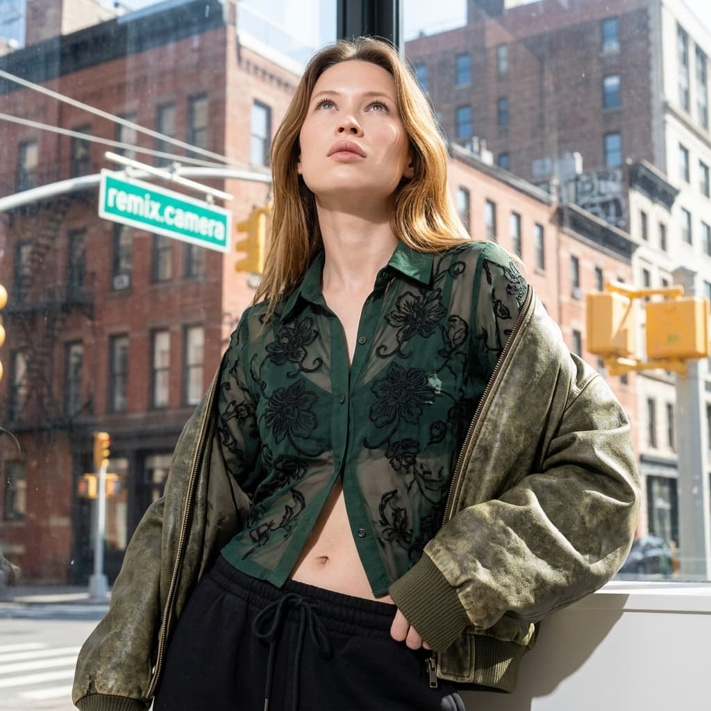 A medium shot captures the woman in the uploaded reference image (DO NOT TOUCH FACE) from the chest up, leaning forward slightly, with their head tilted back. They wear a dark green sheer button-up shirt with intricate black floral embroidery, revealing the midriff. Over the shirt, a distressed olive-green leather bomber jacket is draped loosely off the shoulders. Black sweatpants with a drawstring waist are visible at the bottom of the frame. The background is an urban street scene viewed through a window, with blurred buildings, traffic lights, and a street sign reading "remix.camera" in green. The composition is tight, focusing on the individual and their attire. The lighting suggests a harsh midday sun atmosphere. low angle.
