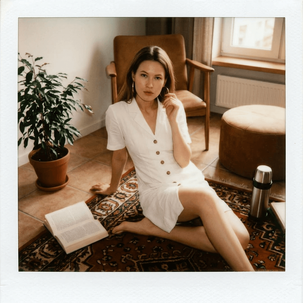 Using the person in the uploaded reference image (Do not change facial features), recreate this scene: {"subject":{"description":"young woman","hair":"dark brown, wavy, shoulder-length","skin":"fair, with a warm undertone"},"apparel":{"top":"white short-sleeved button-up dress","bottom":"","other":"white dress"},"accessories":{"eyewear":"","jewelry":["hoop earrings"],"other":"","tattoos":[]},"pose_and_expression":{"pose":"sitting cross-legged on the floor, leaning back slightly on one hand","expression":"calm, direct gaze"},"environment":{"location":"indoors, living room","surface":"tile floor, rug","objects":["potted plant","book","chair","ottoman","thermos"]},"photography_style":{"lighting":"natural light, soft, from the side","aesthetic":"candid, lifestyle, warm tones"}}, featuring a young woman. polaroid.
