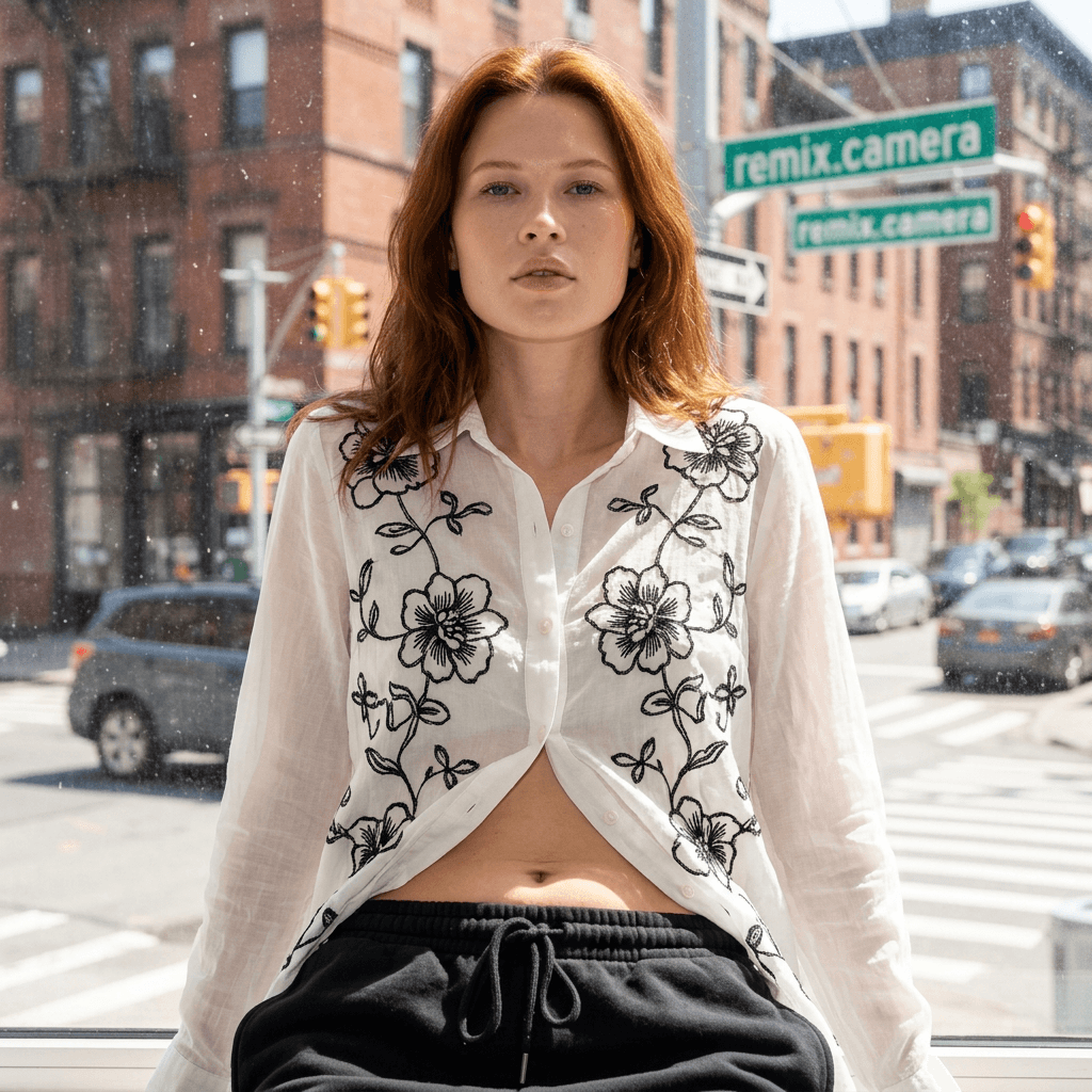 “A medium shot captures the woman in the uploaded reference image (DO NOT TOUCH FACE) from the chest up, leaning forward slightly, with their head tilted back. They wear a white sheer button-up shirt with intricate black floral embroidery, revealing the midriff. Black sweatpants with a drawstring waist are visible at the bottom of the frame. The background is an urban street scene viewed through a window, with blurred buildings, traffic lights, and a street sign reading "remix.camera" in green. The composition is tight, focusing on the individual and their attire. The lighting suggests a harsh midday sun atmosphere. low angle. ”




