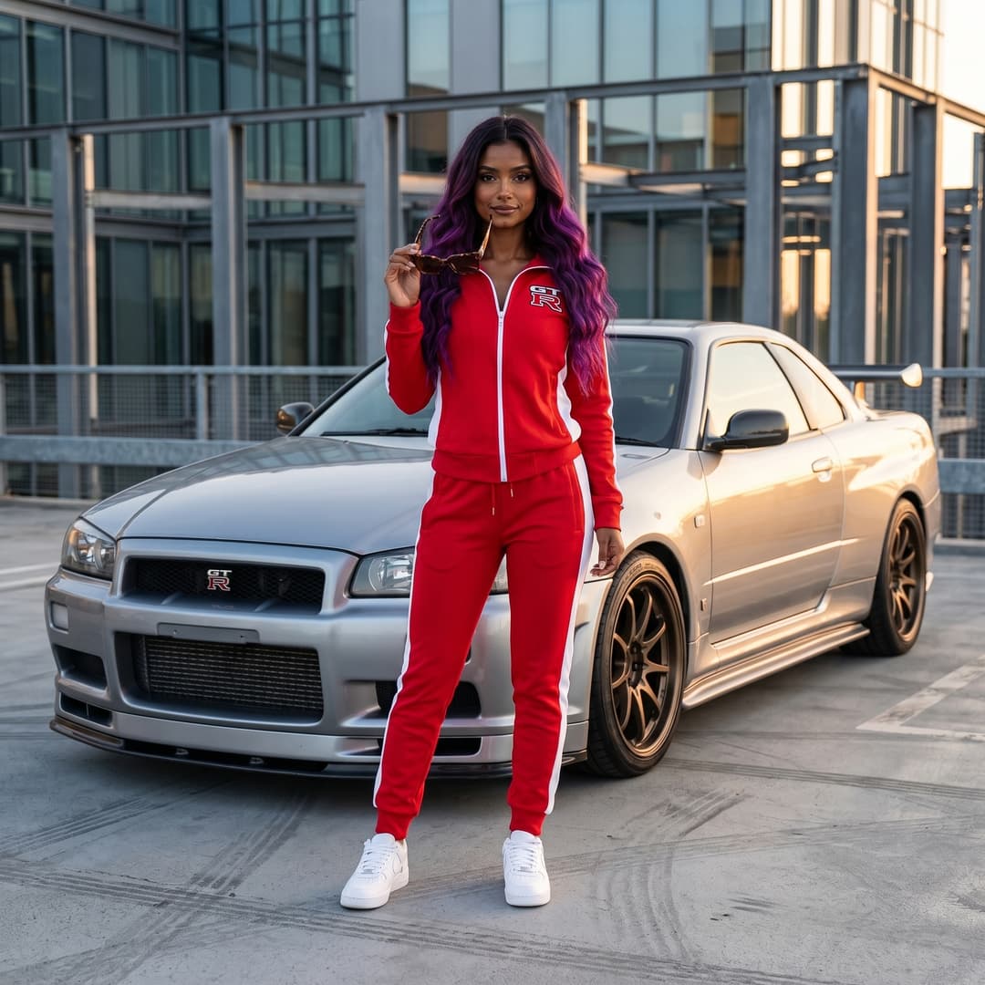have character standing infront of a Nissan GTR R34 with cartier sunglasses on with red and white sweatsuit on 
