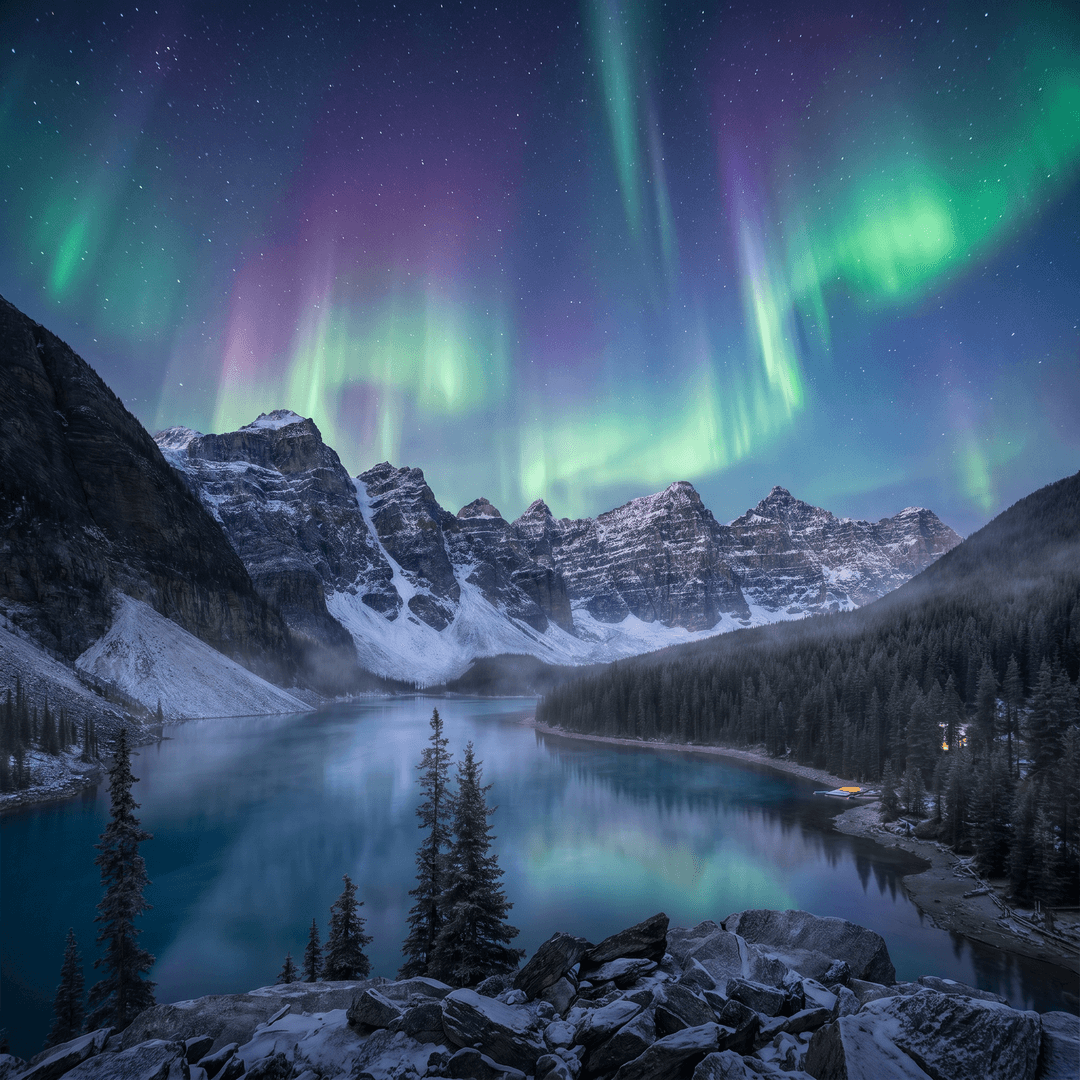 A magical aurora over snow-capped mountains at twilight, cinematic 4K, volumetric lighting, ultra-detailed landscape photography
