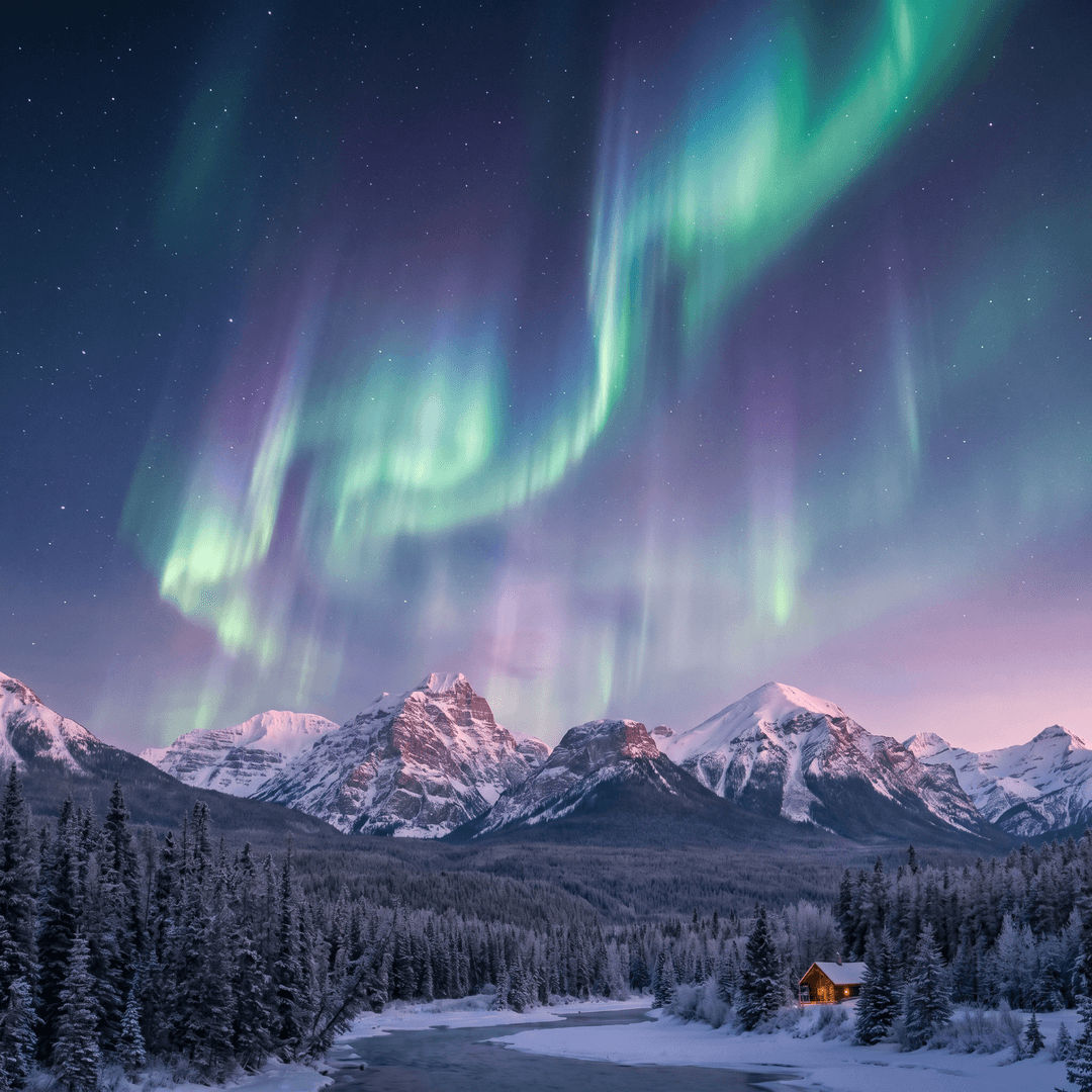 A magical aurora over snow-capped mountains at twilight, cinematic 4K, volumetric lighting, ultra-detailed landscape photography